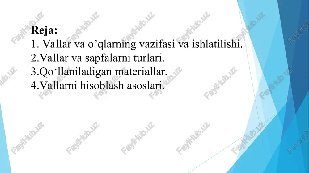 ta ko‘p bo‘ladi. og‘irligi katta bo‘lgan vallar mustahkamligi yuqori darajali bo‘lgan cho‘yan materiallardan tayyorlanishi mumkin. vallarni hisoblash asoslari. vallarning eguvchi moment meg va burovchi moment mb ta’siriga chidamliligi, bikrliligi hamda vibrabardoshligi hisoblanadi. o‘qlarni hisoblash vallarni hisoblashning mb = 0 bo‘lgandagi xususiy holidir. shuning uchun o‘qlarni hisoblash haqida alohida to‘xtalib o‘tirishning hojati yo‘q. val xisobi odatda 2 bosqichda bajariladi: loyixaviy (taqribiy) xisob, bunda valning konstruktiv sxemasidan va buralishdagi kuchlanish buyicha statik mustaxkamlik shartidan kelib chiqqan xolda eng kichik kesimdagi val diametri, konstruktiv va texnologik muloxazalardan kelib chiqib esa val pog‘onalari diametri aniqlanadi. tekshiruv (aniqlashtirilgan) xisob, bunda val konsruksiyasi va uning uzunligi buyicha yuklanishlar taqsimoti taqqoslab turib val xavfli kesimlaridagi toliqishga mustaxkamlikning extiet koffitsienti xisoblanadi. loyixaviy (takribiy ) xisob kamaytirilgan ruxsat etilgan burovchi kuchlanish [ ] buyicha buralishga xisoblab, valdagi aylantiruvchi moment uzatuvchi yoki qabul qiluvchi eng kichik kesimi diametrining takribiy qiymati aniqanadi. topilgan taxminiy diametrga asoslanib, valning tuzilishi chama bilan chizib …