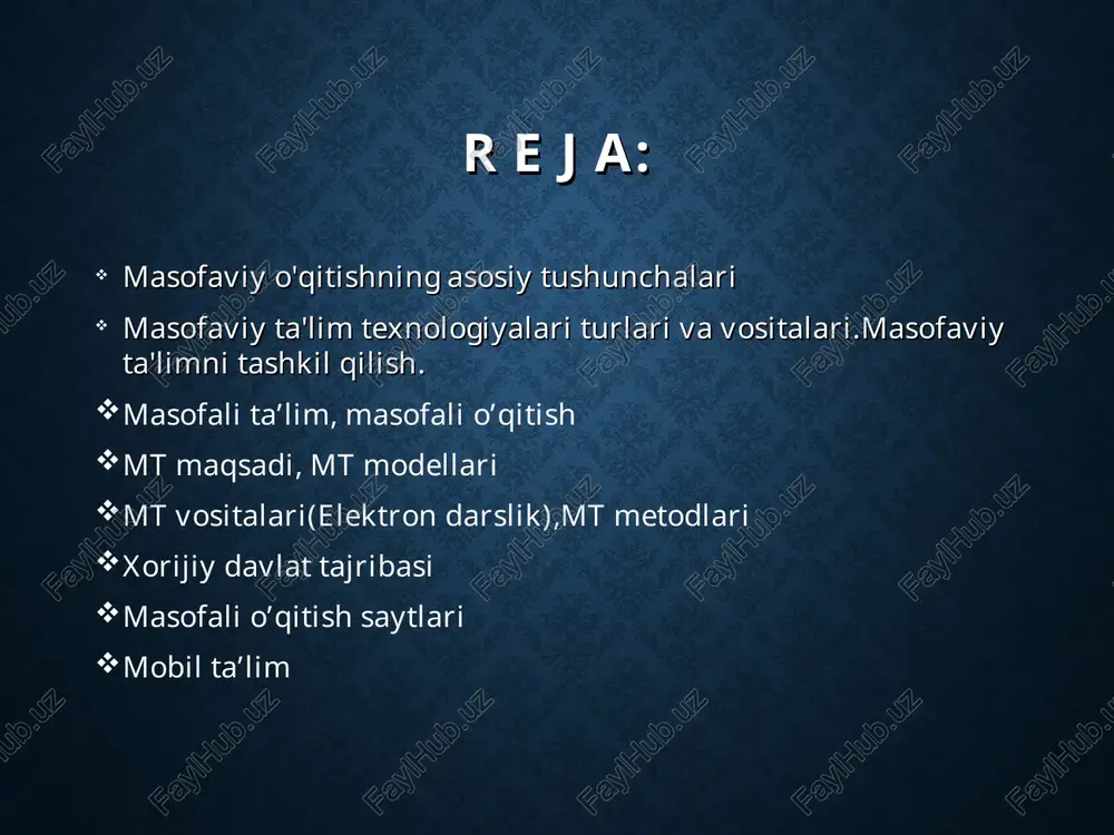 salan, an’anaviy bosma usuliga asoslangan o’qitish vositalari (o’quv qo’llanma, darsliklar) talabalarni yangi material bilan tanishtirishga asoslansa, interaktiv audio va video konferentsiyalar ma’lum vaqt orasida o’zaro muloqotda bo’lishga, elektron pochta to’g’ri va teskari aloqa o’rnatishga, ya’ni xabarlarni jo’natish va qabul qilishga mo’ljallangan. oldindan yozilgan videoma’ruzalar talabalarga ma’ruzalarni tinglash va ko’rish imkonini bersa, faksimal aloqa, xabarlar, topshiriqlarni tarmoq orqali tezkor almashinish talabalarga o’zaro teskari aloqa orqali o’qitish imkonini beradi. ayrim terminlar ta’rifi o’qitish - bu ma’lum bir maqsadga yo’naltirilgan tizimli bilim va ko’nikmalar bilan qurollangan jarayondir. . ta’lim - bu o’qitishning natijasi bo’lib, shaxsiyatni tarbiyalash va rivojlantirishdir masofaviy o’qitish - eng yaxshi an’anaviy va innovatsion metodlar, o’qitish vositalari va shakllarini o’z ichiga olgan sirtqi va kunduzgi ta’lim singari axborot va telekommunikatsiya texnologiyalarita asoslangan ta’lim shaklidir. masofaviy o’qish - bu yangi axborot texnologiyalari, telekommunikatsiya texnologiyalari va texnik vositalariga asoslangan ta’lim tizimidir. u ta’lim oluvchiga ma’lum standartlar va ta’lim qonun-qoidalari asosida o’quv shart-sharoitlari va …