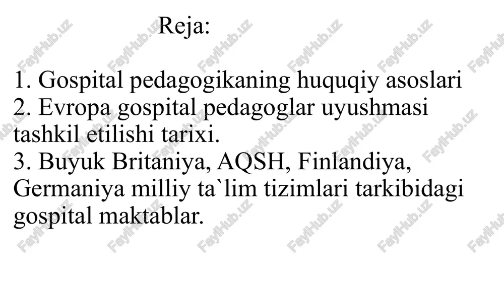 rining holati bo‘yicha reabilitatsiya qilish imkoniyatiga ega bo‘lishlarini ta’minlash uchun barcha zarur choralarni ko‘radi. ishtirok etuvchi davlatlar, shu jumladan quyidagi choralarni ko‘radi: milliy dasturlar va strategiyalar 134 farmon milliy dastur yangi o’zbekistonnning tarqqiyot strategiyasi bmtning bolalar huquqlari to‘g‘risidagi konvensiyasi 1989- yil vazirlar mahkamasi qarorlari 234 –sonli gematologiya, onkologiya, klinik immunologiya, boshqa statsionar va uzoq muddatli ambulator davolanishda bo‘lgan bolalar uchun maktabgacha ta’lim va tarbiya hamda umumiy o‘rta ta’lim berish tizimini joriy qilish chora-tadbirlari to‘g‘risida o‘zbekiston respublikasining qonuni, 07.01.2008 yildagi o‘rq-139-son bola huquqlarining kafolatlari to‘g‘risida 22-modda. bolaning sog‘lig‘ini saqlash huquqi kafolatlari har bir bola sog‘lig‘ini saqlash huquqiga ega. davlat sog‘lom bola tug‘ilishini ta’minlash uchun onaga uning sog‘lig‘ini saqlash sharoitlarini yaratadi. 23- modda bilim olish buquqi har bir bola bilim olish huquqiga ega. davlat bolaning bepul majburiy umumiy o‘rta ta’lim va o‘rta maxsus ta’lim olishini kafolatlaydi. gospital ta’lim shakllari kasalxona sharoitida ta'lim berish -shifoxonalarda bolalar uchun maxsus darslar o‘tkazish. masofaviy ta’lim — …
