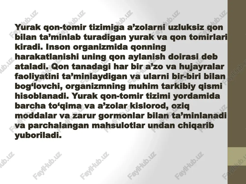 a pasayishi kuzatiladi. qorinchalar sistolasi vaqtida bosim yuqori - sistolik, diastola vaqtidagi bosim past — diastolik deb ataladi. zarb hajmi katta yoshdagi odam yuragi qorinchasi tinch holatda har bir sistola vaqtida o‘rtacha 60 ml qon haydab beradi (zarb hajmi). yurak tsikli bir soniyagacha davom etadi va mos ravishda uning qisqarishlari soni (yuqs) bir daqiqada 60 ta atrofida bo‘ladi. tinch holatda yurak 1 daqiqada 4 litrgacha bo‘lgan qonni organizmga haydab beradi. bu ko‘rsatkich yurakni bir daqiqalik hajmi (yudx) deb ataladi va zarb hajmini yurakni bir daqiqadagi qisqarishlar soniga ko‘paytirib aniqlanadi yurak va magistral qon tomirlarning tana yuzasidagi proyektsiyasi o‘ng qorincha yurakning deyarli butunlay oldingi yuzasini egallaydi. chap qorincha o‘ng qorinchadan orqaroq va chaproqda joylashib, yurak oldingi yuzasining kamroq qismini egallaydi. klinik nuqtai nazardan juda muhim bo‘lgan bu qism yurakning chap chegarasi va cho‘qqi turtkisini shakllantiradi. cho‘qqi turtkisi sistola vaqtida ko‘krak devoriga urilgan yurak zarbasi bo‘lib, odatda chap o‘rta o‘mrov chizig‘idan 1-1,5 …