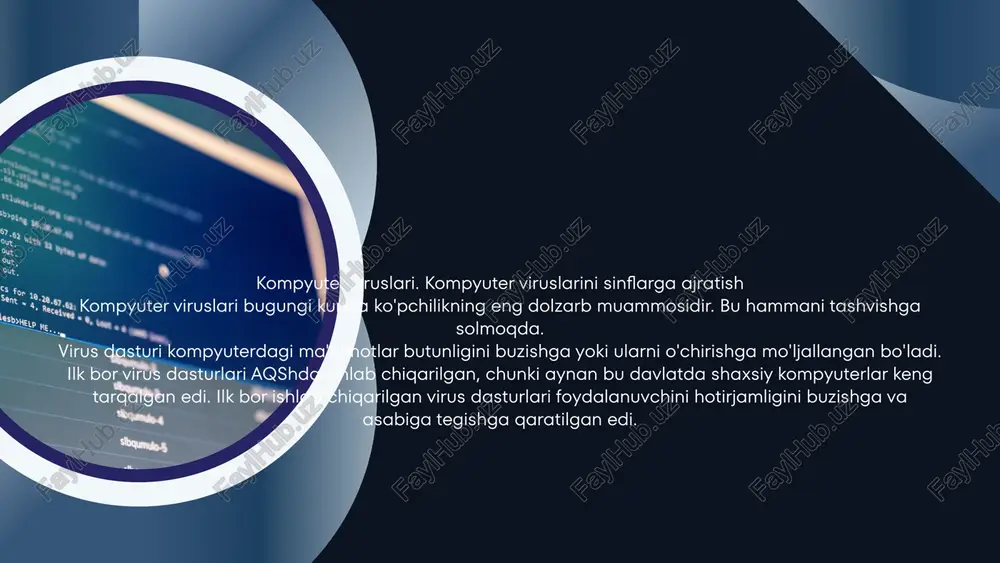 tashadi. - datacrime. bu guruh vakillari joriy yilning 12 oktyabrida faollashadi va a, v, c, d disklarda 8 sektorni ishdan chiqaradilar. virus dasturi kompyuterdagi ma'lumotlar butunligini buzishga yoki ularni o'chirishga mo'ljallangan bo'ladi. ilk bor virus dasturlari aqshda ishlab chiqarilgan, chunki aynan bu davlatda shaxsiy kompyuterlar keng tarqalgan edi. ilk bor ishlab chiqarilgan virus dasturlari foydalanuvchini hotirjamligini buzishga va asabiga tegishga qaratilgan edi. avenger guruhi. rce-1800, rce-1000 deb nomlanuvchi mazkur guruh katta zararlash imkoniyatiga ega. u nafaqat fayllarni bajarish chog'ida, balki uni o'qish va ochish vaqtida ham zararlaydi. bundan tashqari, bu toifadagi viruslar davriy ravishda sektorlardagi fayl va katologlarni yo'qotadi. vinchesterga matn xabarlarini yozadi. image1.png image2.svg image3.jpeg image4.png image5.svg image6.jpeg image7.png image8.svg image9.jpeg image10.jpeg image11.png image12.svg image13.jpeg image14.jpeg /docprops/thumbnail.jpeg