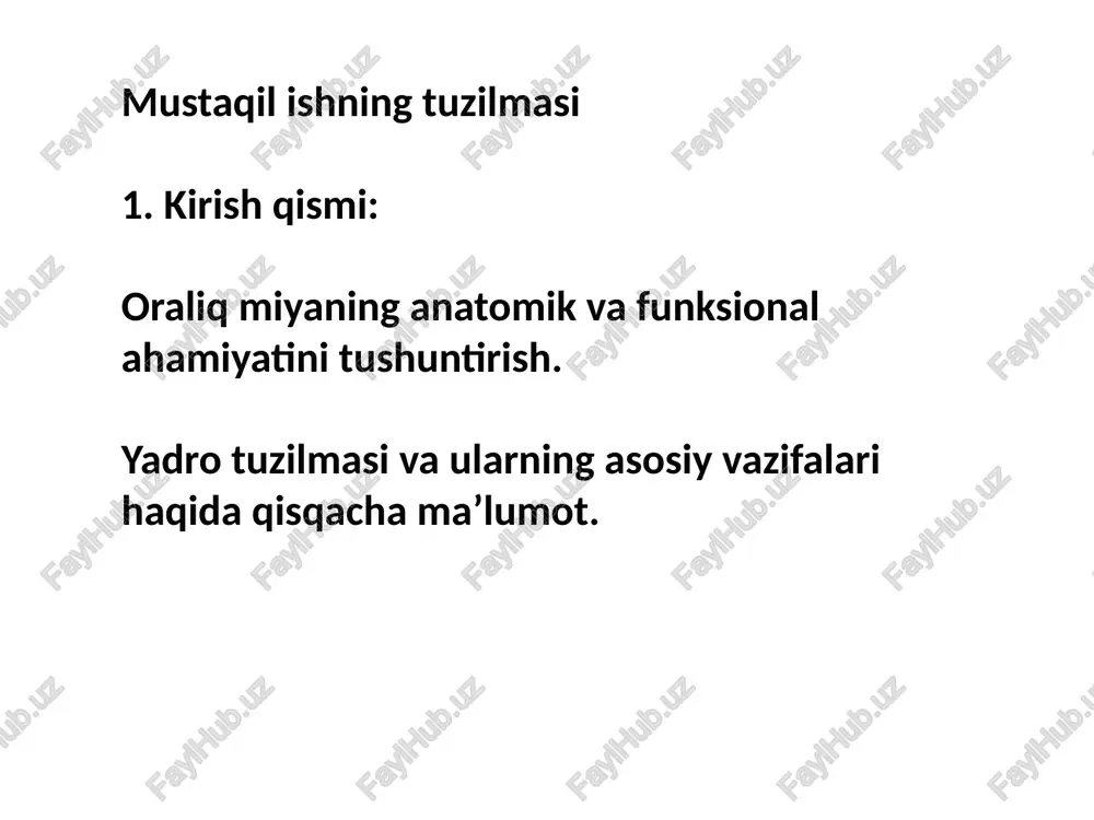 yadro: ekstrapiramidal harakat tizimiga yordam beradi. klasterlash vazifasi uchun namunaviy bosqichlar 1. tuzilma bo‘yicha klasterlash: yadrolarni ularning joylashuvi bo‘yicha guruhlash (masalan, talamus, gipotalamus, subtalamus va epitalamus). 2. funksional bo‘linish: harakatni boshqaruvchi, sensor ma’lumotlarni uzatuvchi va endokrin tizimga ta’sir qiluvchi yadrolarni alohida guruhga ajratish. 3. klinik ahamiyat bo‘yicha klasterlash: oraliq miya yadrolarining patologiyalarda tutgan o‘rni bo‘yicha guruhlash (masalan, parkinson kasalligi, uyqu buzilishlari, endokrin buzilishlar). yadrolarni funksiyalari bo‘yicha klasterlash 1. sensor funktsiyalar bo‘yicha klaster: talamusning lateral va medial genikulyar yadrolari (ko‘rish va eshitish signallarini uzatish). ventral posterolateral (vpl) va ventral posteromedial (vpm) yadrolar (tanadan keluvchi sezgilarni uzatish). 2. homeostatik funktsiyalar bo‘yicha klaster: gipotalamusning preoptik va supraoptik yadrolari (termoregulyatsiya va osmoregulyatsiya). ventromedial va dorsomedial yadrolar (ovqatlanish va uyquni nazorat qilish). 3. harakatlarni boshqaruvchi klaster: subtalamik yadro (motor koordinatsiya). bazal gangliyalar bilan bog‘liq yadrolar. 4. limbik tizim bilan bog‘liq klaster: talamusning anterior yadrolari (xotira va emotsiyalar). habenular yadrolar (hissiy reaktsiyalar). 3. xulosa qismi: yadrolarning …