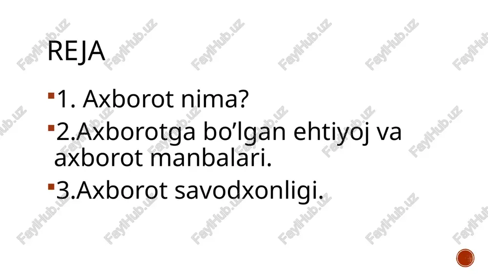 ilamchi manbalar- axborotni yetkazib beruvchilar. uchlamchi manbalar – bu tashkil etilgan va o’zida birlamchi hamda ikkilamchi manbalardagi axborotni qayta ishlab, o’zida mujassamlagan[referat, ensiklopediya va h.k] axborot manbalari kitob atrofimizdagi odamlar radio gazeta jurnallar tv internet tarmoqlari axborot savodxonligi – qaror qabul qilish va muammolarni tahlil qilish maqsadida axborotni olish, tushunish, baholash, moslash, generatsiya qilish, saqlash va namoyish qilish uchun kerak bo’lgan kopmpitensiyalar to’plamidir. axborot borasida savodxon insonlar quyidagi tayanch ko’nikmalarga ega bo’ladilar; -tanqidiy fikrlash -tahlil qilish -o’z fikrini bayon etishda foydalanish -mustaqil ta’lim olish qibilyati - xabardor fuqoro bo’lish - o’z kasbining ustasi bo’lishga tayyor bo’lish axborot borasida savodxon inson axborot izlash jarayonini o’z vaqtida to’xtatishni ham biladi. yordam uchun kimga murojaat qilishni biladigan . axborot sifatini qabul qilib uni baxolay oladigan bo’ladi. etiboringiz uchun rahmat image4.png image3.png image5.png image6.png image7.png image8.png image2.png /docprops/thumbnail.jpeg