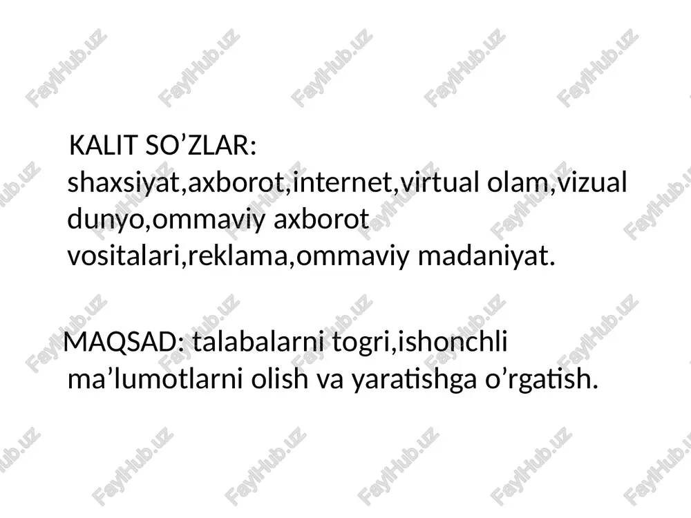 ’quv materiallari,treninglar, har qanday bilimlarni tezda topish,yangi bilimlarni olishga imkoniyat yaratadi.do’stlar bilan muloqot qilish, yangi do’stlar orttirish,ma’lumotlar almashish,yangidan yangi qiziq filmlarni tomosha qilish,virtual sevgi muhabbat, onlayn do’konlarning hammasi bizni uzog’imizni yaqin,mushkulimizni oson qilmoqda. virtual olamning kamchiliklari esa: internetga qaramlik,tibbiy muammolar, firibgarlar uchun imkoniyatlarni keltirib chiqarmoqda. internetga qaram bo’lib qolish oqibatida inson haqiqiy dunyo bilan aloqani uzadi,dolzarb muammolardan uzoqlashadi va bu holat, afsuski,70% i yosh avlodni tashkil etmoqda desam mubolag’a bolmaydi. tefon televizor kompyuter kabi vositalariga ko’p qaram bo’lib qolganligimiz natijasida undan chiqadigan nurlar, nafaqat ko’zimizga,balki miyya faoliyatimizga ham salbiy tasir etmoqda.buning natijasida esa o’qigan narsalarimizni yodlab ololmaslik yoki qilayotgan va qilishimiz kerak bo’lgan narsalarni unutish holatlari ko’p uchramoqda. bugungi kunda reklama barcha turdagi ommaviy axborot vositalariga kirib bordi.ommaviy axborot vositalarida reklama qilishning odatiy namunasi mahsulotni joylashtirishdir.ko’pincha yoshar uchun ommaviy axborot vositalarida tijorat komponentini va reklamani aniqlash qiyin; ammo mediasavodxonlik ularga buni qanday qilishni o’rganish imkonini beradi. ommaviy axborot vositalarining madaniy …