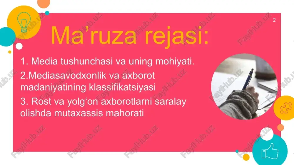 va yolg‘on axborotlarni saralay olishda mutaxassis mahorati 12 rost va yolg‘on axborotlar “fake and truth news” ma’lumki, bugungi ildamlab borayotgan tezkor zamonda virtual olam hammani o‘z qa’riga tortmoqda. axborotga bo‘lgan talab va ehtiyojning ortib borishi natijasida odamlar axborotlarni saralay olish qobiliyatiga ega bo‘lmaganliklari uchun “fake” xabarlarning qurboniga aylanishmoqda. bundan kelib chiqadiki, jamiyat va davlat hayotiga daxldor barcha kasb va soha egalari mediasavodxonlikka ega bo‘lishlari lozim. 13 “fake news”(ing. yolg‘on xabar), truth news” (ing. haqiqat yangiliklari) degan ma’noni anglatadi. ilmiy atama va terminlar: media; mediasavodxonlik; oav(ommaviy axborot vositalari) axborot; aprobatsiya; axborot immuniteti; axborot madaniyati; klassifikatsiya; “fake news”; “truth news” uyga vazifa 1.milliy va xorijiy media maydonida sodir bo‘layotgan voqea-hodisalar va jarayonlarni kuzatish va qiyosiy tahlil qilish(har kunlik, haftalik va oylik) 2. global va milliy segmentda tarqatilayotgan axborotlarning fake yoki truth ekanligini tekshirib, xulosalaringizni taqdimot ko‘rinishida tayyorlash asosiy adabiyotlar: 1.a.v.fedorov. mediaobrazovaniya i mediagramotnost. uchebnoe posobie. m.2018. 2.damasceno, d. (2019). journalism and fact-checking: …