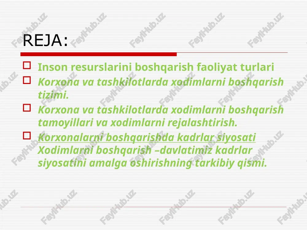 i barcha shaxs va institutlar ,yani rahbarlar , kadrlar bo`limi , kasaba uyushmalar va boshqalarni o`z ichiga oladi. korxona va tashkilotlarda xodimlarni boshqarish tizimi. xodimlarni boshqarish tizimi deganda korxonada band bo`lgan kishilar salohiyatini rivojlantirish va undan samarali foydalanish, larning normal faoliyat ko`rsatishi uchun zaruriy shart-sharoit yaratish bo`yicha o`zaro bog`langan iqtisodiy-tashkiliy va sotsial tadbirlar tizimi tushuniladi xodimlarni boshqarish tizimi ish sharoiti mehnat munosabatlari kadrlarni hisobga olish va rasmiylashtirish xodimlarni rejalashtirish va xodimlar marketingi kadrlarni rivojlantirish mehnatni rag`batlantirish va vositalarini takomilashtirish huquqiy hizmat sotsial tuzilmani rivojlantirish boshqarishning tashkiliy tarkibini ishlab chiqish tizimi xodimlarni rejalshtirish tanlov, ishga qabul va ishdan bo`shatish kadrlarni lavozim va professional ma`muriy o`sishni rejalashtirish ma`qul ish sharoiti va sotsial –ruhiy muhitni yaratish xodimlarni boshqarish harajatlar va ularning samaradorligini baholash motivatsiya ma`suliyat va vakolat x o d i l a r n i b o sh q a r i sh ixtiloflar, nizolarni hal qilish korxona va tashkilotlarda xodimlarni boshqarish …