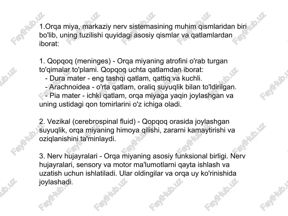 ini o'z ichiga oladi, va ularni miyaning yuqori qismlariga yetkazadi. ▎ 2. motor funksiyalari: - orqa miya, miyaning motor markazlaridan mushaklarga buyruqlarni uzatadi, shu orqali harakatlarni boshqaradi. bu, masalan, qo'l va oyoqlarning harakatlarida muhimdir. 3. refleks funksiyalari: - orqa miya, tez va avtomatik reflex harakatlarni amalga oshirishga yordam beradi. masalan, og'riq refleksi, har qanday xavfli vaziyatda tezkor harakat qilish uchun orqa miyada sodir bo'ladi. ▎ 4. nerv tizimining integratsiyasi: - orqa miya, markaziy nerv tizimining bir qismi sifatida, nerv tizimining boshqa qismlari bilan bog'lanish va ma'lumotlarni integratsiya qilish funksiyasini bajaradi. orqa miyaning reflektor vazifasi, asosan, tez va avtomatik javoblar berishni ta'minlaydi. bu vazifalar quyidagilarni o'z ichiga oladi: 1. refleks arqonlari - har bir refleks jarayoni, stimulyatsiyadan to javobgacha bo'lgan harakatni ta'minlaydigan ma'lumotlar yo'li bo'lib, orqa miya orqali o'tadi. 2. tezkor javoblar - orqa miya, ko'plab xavfli vaziyatlarda tezkor harakatlarni amalga oshirish uchun asosiy rol o'ynaydi. masalan, og'riq stimulyatori tomonidan bildirib, …