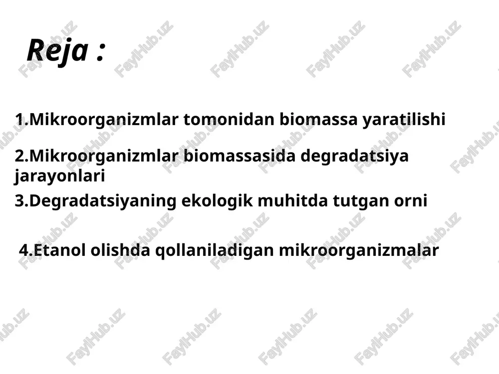 ishi mumkin. mikroorganizmlarning degradatsiya jarayoni 3 turga bolinadi:biologik degradatsiya,kimyoviy degradatsiya va fizik degradatsiyalarga. 1. biologik degradatsiya: mikroblar, viruslar va boshqa mikroorganizmlar organik moddalarni oziq-ovqat sifatida ishlatib, ularni ichki jarayonlar orqali parchalaydilar. masalan, bakteriyalar va funguslar organik qoldiqlarni degradatsiyalashda muhim rol o'ynaydi. 2. kimyoviy degradatsiya: bu jarayon kimyoviy reaksiya orqali amalga oshiriladi, masalan, kislorod yoki boshqa kimyoviy moddalar yordamida. 3. fizik degradatsiya: bu jarayon mexanik ta'sirlar yoki yuqori harorat kabi fizik omillar orqali amalga oshiriladi. shu orinda degradatsiya ham bir necha turga bolinadi: - aerob degradatsiya: kislorod mavjud bo'lgan holatlarda amalga oshadi, bu jarayonda mikroorganizmlar organik moddalarni kislorod yordamida parchalaydi. - anaerob degradatsiya: kislorodsiz sharoitlarda sodir bo'ladi, bu jarayonda mikroorganizmlar organik moddalarni boshqa ko'rinishga o'zgartiradi. degradatsiyaning foydalari - tabiiy moddalarning qayta tiklashi. - atrof-muhitni tozalashda yordam. - qoldiqlarni kamaytirish va uskunalar samaradorligini oshirish. 3•mikroorganizmlar biomassasida degradatsiya jarayoni muhim ekologik va biogeokimyoviy jarayonlardan biridir. uning o'rni quyidagi jihatlarda namoyon bo'ladi: 1. organik …