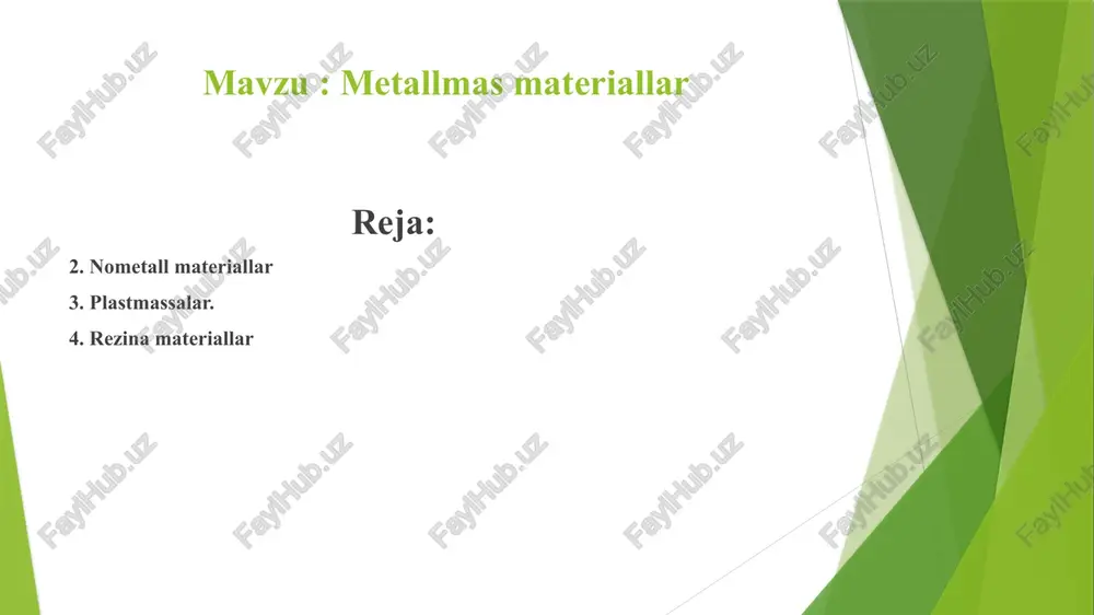 di. bir xii strukturali ko'p sonli zvenolardan tashkil topgan makromolekula moddalarga polimerlar deyiladi. ulaming molekular massasi (5... i 0)-104 ga teng. o'z navbatida polimerni xossasi faqat kimyoviy tarkibgagina emas, balki strukturaga va makromolekulani o'zaro joylashishiga ham bog'liq. makrornolekula shakliga qarab, polimerlar chiziqli, shoxli, tekis tasmali, tekis setkali, qatlamli bo'ladi. uzun makromolekulalar molekular zanjirning ko'ndalang kesimi bo'yicha yuqori mustahkamlikka va kuchsiz molekular bog'lanishga ega bo'lib, materialni elastikligini ta'minlaydi, qizdirganda yumshatish va sovitilganda qotish qobiliyatiga egadir (masalan, polietilen, poliamid). shoxlangan molekulalar yon tomondan shoxlashi bilan farqlanadi, bu esa zich upakovka qilinishga to'sqinlik qiladi polimerlar strukturasi: makromolekula shakli; b) plastinkali birlamchi kristall; d) sferolit; e) mikrofibrill amorfli polimerlar zanjirli molekulalardan tuzilgan bo'lib, qutichada yig'ilgan. polimerlaming asosiy bitta kamchiligi bo'lib, ular yorug'lik, kislorod, nam, yuqori temperatura, uzoq saqlash oqibatida eskiradi . plastmassalar. plastmassalar ko'p komponentli sun'iy material hisoblanadi. plast­ massalarda asosiy element bog'lovchi sifatida sun'iy smola, efir va selluza qo'llaniladi. ba'zi bir plastmassalar faqat …