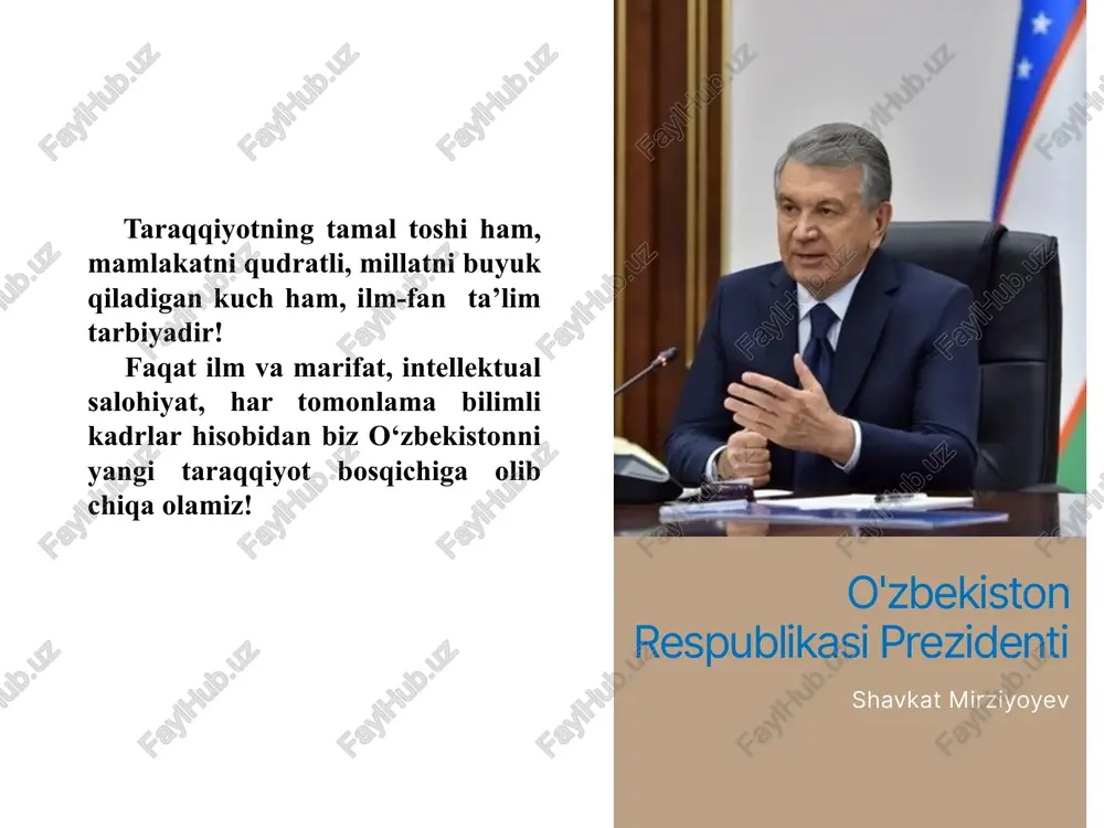tish bo‘limi to‘g‘risidagi nizom 1-bob. umumiy qoidalar 2-bob. metodik xizmat ko‘rsatish bo‘limining vazifalari va funksiyalari 3-bob. metodik xizmat ko‘rsatish bo‘limining huquqlari va majburiyatlari 4-bob. bo‘lim faoliyatini tashkil etish 5-bob. bo‘limni moliyalashtirish va moddiy-texnik ta’minlash, xodimlarning mehnatiga haq to‘lash va moddiy rag‘batlantirish 6-bob. yakunlovchi qoida o‘quv metodik kengashlari faoliyatini olib borish yuqori tashkilotlardan yuborilgan normativ hujjatlarni maktab jamoasiga yetkazish o‘quv rejalar, o‘quv dasturlarini takomillashtirish hamda tajriba sinovdan o‘tkazish yaratilgan darsliklar va o‘qituvchilar uchun yaratilgan metodik qo‘llanmalarni expertizadan o‘tkazadi ilg‘or o‘qituvchilar ish tajribasini ommalashtirish yangi baholash tizimi joriy qilishda maktablarga metodik yordam beradi mentorlar guruhi faoliyatini samarali tashkil etadi malaka oshirishga kelgan pedagoglarga “metodik soatlari o‘tadi metodik xizmat ko‘rsatish bo‘limining vazifalari va funksiyalari metodik xizmat ko‘rsatish bo‘limining vazifalari va funksiyalari murakkab mavzular bo‘yicha o‘quvlar tashkil qiladi xalqaro, mintaqaviy uchrashuvlar, anjumanlarda ishtirok etadi viloyat, tuman, shahar miqyosida seminarlar tashkil etadi umumta’lim maktablariga manzilli “metodik tur” lar tashkil qiladi “metod birlashma” lar faoliyatini muvofiqlashtiradi …