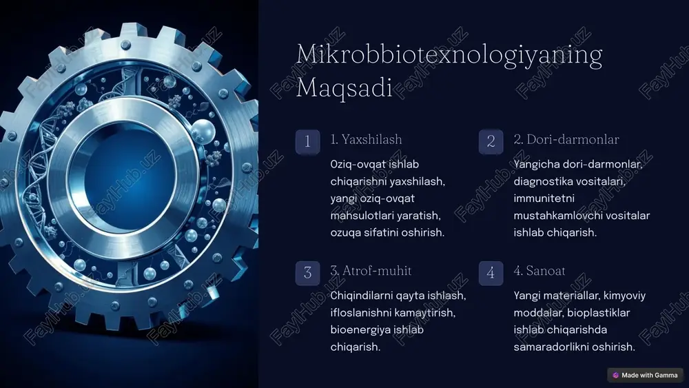 lar. ko'pgina turdagi bakteriyalar turli sohalarda qo'llaniladi. 2 zamburug'lar eukaryotik organizmlar. antibiotiklar, oziq-ovqat mahsulotlari va biotexnologiya sohasida qo'llaniladi. 3 viruslar gen terapiyasi, vaksinalar va diagnostika vositalarini ishlab chiqarishda ishlatiladi. 6 mikroorganizmlarning biotexnologiyadagi ahamiyati oziq-ovqat yogurt, pishloq, pivo, non, sirka va boshqa mahsulotlarni ishlab chiqarishda. tibbiyot antibiotiklar, vaksinalar, diagnostika vositalari va gen terapiyasi. sanoat fermentlar, bioplastiklar, bioenergiya, kimyoviy moddalar va boshqa mahsulotlarni ishlab chiqarishda. atrof-muhit chiqindilarni qayta ishlash, ifloslanishni kamaytirish, bioenergiya ishlab chiqarishda. 7 mikrobbiotexnologiya sohasidagi yangi yondashuvlar mikrobbiotexnologiya sohasida doimo yangi yondashuvlar paydo bo'lib, bioinformatika, sintetik biologiya, crispr-cas9 texnologiyasi va boshqa innovatsion usullar rivojlanmoqda. 8 image1.png image2.png image3.png image4.png image5.png image6.png image7.png image8.png image9.png image10.png image11.png image12.png image13.png image14.png image15.png image16.png image17.png image18.png image19.png image20.png image21.png image22.png image23.png