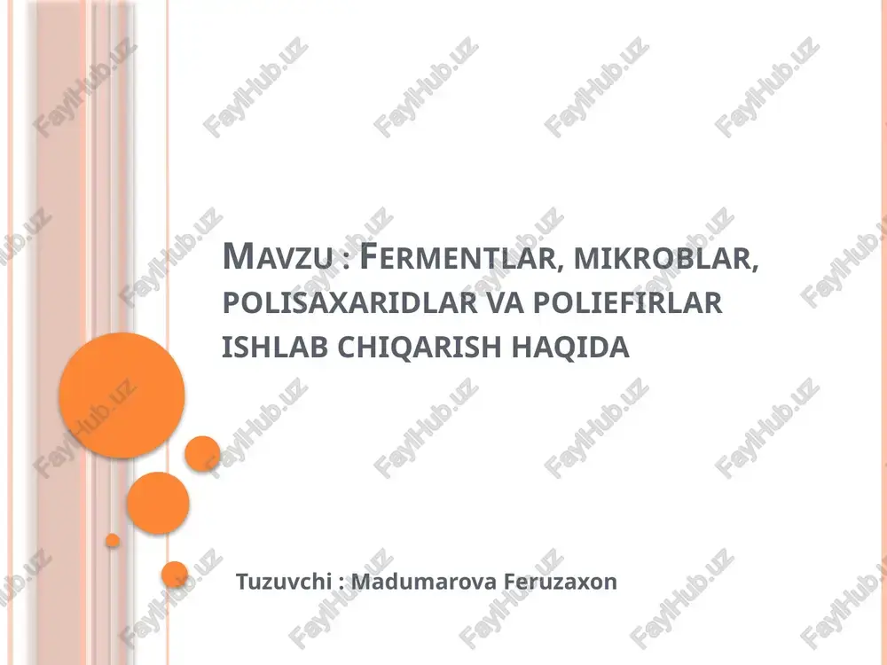 ga bo‘lib, maxsus vazifalarni bajarishga moslashgan murakkab makromolekulalardir. fermentlarning asosiy xususiyatlari: 1. spetsifiklik: har bir ferment ma’lum bir reaksiya yoki substratga moslashgan. masalan, amilaza kraxmalni parchalashda, laktoza esa sut shakarini parchalashda ishtirok etadi. 2. katalitik samaradorlik: fermentlar reaktsiya tezligini millionlab marta oshirishi mumkin. 3. ta’sirning harorat va ph bog‘liqligi: fermentlarning faolligi ma’lum harorat va muhit ph darajasida maksimal bo‘ladi. fermentlarning sanoatdagi qo‘llanilishi: 1. oziq-ovqat sanoati: non yopishda xamirturush fermentlari ishlatiladi. sut mahsulotlarini tayyorlashda laktaza fermenti qo‘llaniladi. 2. farmatsevtika: dori vositalarining sintezida proteaza va lipaza fermentlari ishlatiladi. 3. kimyo va biotexnologiya: bioyoqilg‘i ishlab chiqarishda amilaza va tsellulaza fermentlari qo‘llaniladi. 4. to‘qimachilik sanoati: matolarni yumshatishda va dog‘larni tozalashda proteolitik fermentlardan foydalaniladi. fermentlarning ahamiyati: fermentlar sanoat jarayonlarini ekologik toza va samarali qilishda muhim o‘rin tutadi. ular qayta tiklanuvchi resurslardan foydalanishga va chiqindilarni kamaytirishga yordam beradi. shu sababli, fermentlar biologik va texnologik jarayonlarning ajralmas qismi hisoblanadi. mikroblar mikroblar – mikroskopik organizmlar bo‘lib, bakteriyalar, zamburug‘lar, …