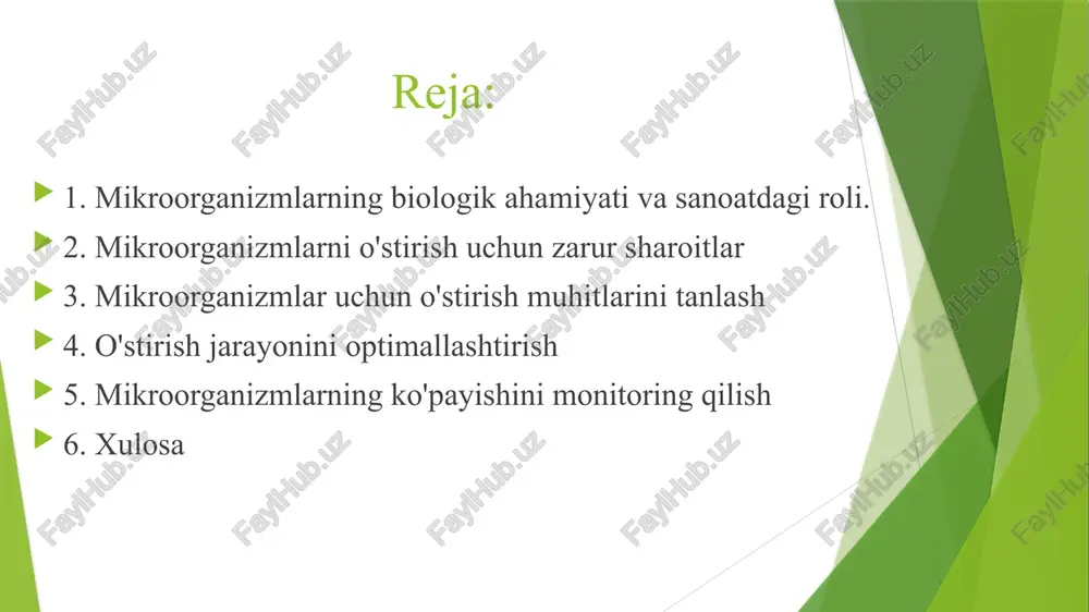 boshqa mahsulotlarga aylantiradi. antibiotiklar ishlab chiqarish: mikroorganizmlar, ayniqsa, bakteriyalar va zamburug'lar, antibiotiklar ishlab chiqarishda keng qo'llaniladi. masalan, penicillium zamburug'i penitsillin ishlab chiqarishda, streptomyces esa streptomitsin kabi antibiotiklarni ishlab chiqarishda ishlatiladi. biotexnologiya va genetik muhandislik: mikroorganizmlar genetik modifikatsiya qilinib, yangi mahsulotlarni ishlab chiqarishda (masalan, insulin, vaktsinalar, ozuqaviy qo'shimchalar) ishlatiladi. bu jarayonlar biologik texnologiyalar yordamida amalga oshiriladi. energiya ishlab chiqarish: mikroorganizmlar biomassa yoki biogaz ishlab chiqarishda ishlatiladi. metan ishlab chiqaradigan bakteriyalar, masalan, anaerob sharoitlarda biogazni ishlab chiqaradi, bu esa qayta tiklanadigan energiya manbai sifatida ishlatiladi. bioplastik va biokimyoviy mahsulotlar ishlab chiqarish: mikroorganizmlar plastmassalar va boshqa kimyoviy birikmalar ishlab chiqarishda ham ishlatiladi. bioplastik ishlab chiqarish jarayonida mikroorganizmlar o'zlarining metabolik faoliyati orqali yangi materiallar hosil qiladi. mikroorganizmlar ekologik tizimda muhim rol o'ynab, sanoat va qishloq xo'jaligida turli jarayonlarni optimallashtirish va samarali qilishda yordam beradi. ular atrof-muhitni tozalash, oziq-ovqat ishlab chiqarish, dori-darmonlarni ishlab chiqarish, energiya va yangi materiallar yaratishda asosiy vosita sifatida ishlatiladi. mikroorganizmlarni o'stirish …