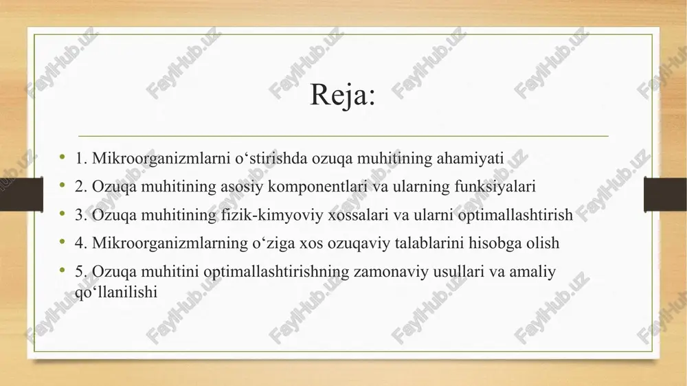 isol bo'ladi; 4) mikroorganizmlaming qaytamvchanlik xususiyatini aniqlash uchun oziqa; 5) o ‘z tanasida m aium moddalar sintezlay oladigan mikroblar uchun oziqa va boshqalar misol boiadi. hozirgi vaqtda ko‘p oziqalar quruq holda chiqarilmoqda, chunki ulardan foydalanish ancha qulay. mikroorganizmlarni o'stirish uchun hozirgi vaqtda oqsilsiz oziqalardan keng foydalaniladi. bunday muhitda ko‘pchilik geterotroflar va patogen mikroblar yaxshi o ‘sa oladilar. bunday oziqalaming tarkibi murakkab boiib, ular ko'plab komponentlardan tashkil topadilar. prototroflar juda oz miqdorda uglevodlar va tuzlar boigan muhitda ham o‘sa oladilar. auksotroflar esa o‘z ozigida aminokislotalarva vitam inlarbolishini talab qiladi. oziqa muhiti qattiq (go‘sht-peptonli agar, go‘sht-peptonli jelatin, chirigan zardob, kartoshka, tuxum oqi), yarim suyuq (0,5% 133 go‘sht-peptonli agar) va suyuq holatda (pepton suvi, go'shtpeptonli bulyon, shakarli bulyon) b o ‘ladi. l aboratoriyada bakteriyalar probirkalarda, petri likobchalarida va kichik shisha idishlarda o‘stiriladi. zich oziqa muhitida bakteriyalar turli shakldagi koloniyalar hosil qiladi: qirralari tekis, tekis bo‘lmagan, do‘ng, ichiga botgan, yumaloq va hokazo. koloniyalaming diametri …