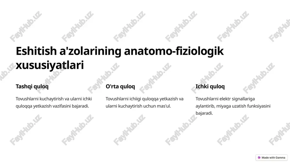 aydi. kandidomikoz candida zamburug'i quloq surilishiga va eshitish yo'qolishiga olib keladi. kriptokokkoz kriptokokk zamburug'i eshitish a'zolarini zararlab, nevrologik o'zgarishlarga sabab bo'ladi. diagnostika usullari va davo tadbirlari klinik ko'rik anamnez olish va quloqni ko'zdan kechirish. mikrobiologik tekshiruvlar quloq suvilari va to'qimalaridan namunalar olish va tahlil qilish. davolash antimikrob, antifungal va antiviral dorilar yoki jarrohlik amaliyoti. eshitish a'zolarini mikrobga qarshi himoya qilish yo'llari quloqlarni tozalash quloqlarning ichkarisiga yot jismlar tiqilmaydi eshitish a'zolarini yuvish quloq ichidagi ifloslanishlarni ketkazadi immunitetni mustahkamlash organizmni mikroblar ta'siriga bardoshli qiladi image1.png image5.png image6.png image7.png image8.png image9.png image2.png image10.png image11.png image12.png image13.png image3.png image14.png image15.png image16.png image17.png image4.png image18.png