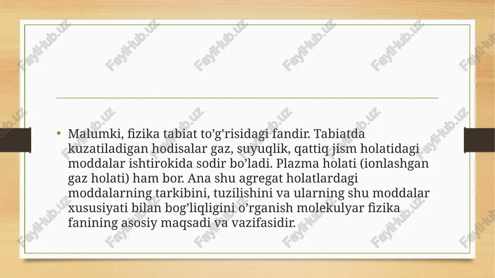 olekulada ming yoki undan ko’proq bir xil takrorlanuvchi guruhlar bo’lsa, u holda bunday molekulaga makromolekula (katta molekula) deyiladi. agar molekula bir xil atomlardan tashkil topgan bo’lsa xulosa molekulaning o’lchami kichik bo’lgani tufayli, juda kichik hajmda ham molekula nihoyatda ko’p miqdorda mavjud bo’ladi. masalan, 0,1 millilitrli suv tomchisida 1015 dona molekula bor ekan. 1865 yilda avstraliyalik olim loshmidt iogani yozif 1 sm3 havoda 2,7·1019 ta molekula borligini aniqlagan. molekula o’lchamining aniqlash usullari ko’p: diffuziya, issiqlik o’tkazuvchanlik, gazlarning yopishqoqligi, rentgenografik, elektrografik va h.k. shunga qaramasdan, olingan natijalar katta aniqlikka ega emas. image7.png image8.png image9.png image3.png image4.png /docprops/thumbnail.jpeg