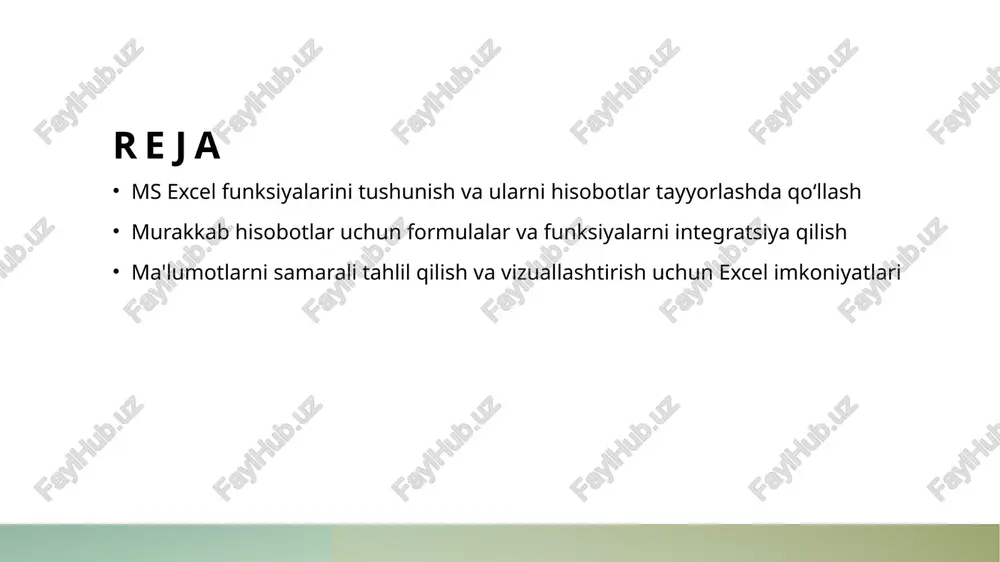 rni tahlil qilish imkoniyatlari - excelda pivottable va filtrlash funksiyalari yordamida katta ma'lumotlarni tez va samarali tarzda tahlil qilish, muhim trendlar va muammolarni aniqlash imkonini beradi. 2 vizualizatsiya vositalari - diagramma, grafik va shemalar yordamida murakkab ma'lumotlarni oddiy va tushunarli tarzda taqdim etish, qaror qabul qilish jarayonini yengillashtiradi. 3 statistik funksiyalar va prognozlar - excelning statistik funksiyalari bilan ma'lumotlarni tahlil qilish, ehtimollik va prognozlar qilish orqali kelajakdagi tendensiyalarni aniqlash imkonini beradi. murakkab hisobotlar uchun formulalarni va funksiyalarni birlashtirish usullari. 1 formulalar va funksiyalarning integratsiyasi murakkab hisobotlar uchun bir nechta formulalar va funksiyalarni birlashtirish muhim. masalan, sum va if funksiyalarini combo qilib, shartli hisob-kitoblarni avtomatlashtirish mumkin. 2 ustuvorlik bilan ketma-ketlik funksiyalarni to'g'ri ketma-ketlikda joylashtirish hisoblashlarning aniqligini oshiradi. masalan, vlookup va index-match yordamida katta ma'lumotlar bazasidan aniq natijalar olish mumkin. 3 dinamik formulalar va funksiyalar excelda dinamik formulalar yordamida real vaqtda yangilanishlarni ta'minlash mumkin. masalan, offset va indirect funksiyalari yordamida murakkab tahlil …