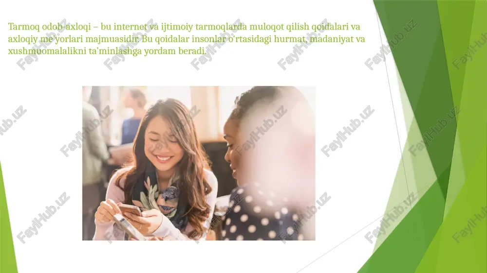 , axloqiy normalarga rioya qilish instagram boshqalarning surat va videolariga hurmat bilan munosabatda bo‘lish, salbiy izohlar qoldirmaslik, boshqalarning maxfiyligini buzmaslik facebook asossiz yolg‘on xabarlar tarqatmaslik, shaxsiy hujumlardan tiyilish, odob doirasida muhokama qilish tiktok yaroqsiz yoki yosh bolalarga zarar yetkazuvchi kontent yaratmaslik, konstruktiv muloqot yuritish youtube nafratga undovchi yoki haqoratli izohlar yozmaslik, mualliflik huquqlarini hurmat qilish image1.jpg image2.jpg /docprops/thumbnail.jpeg