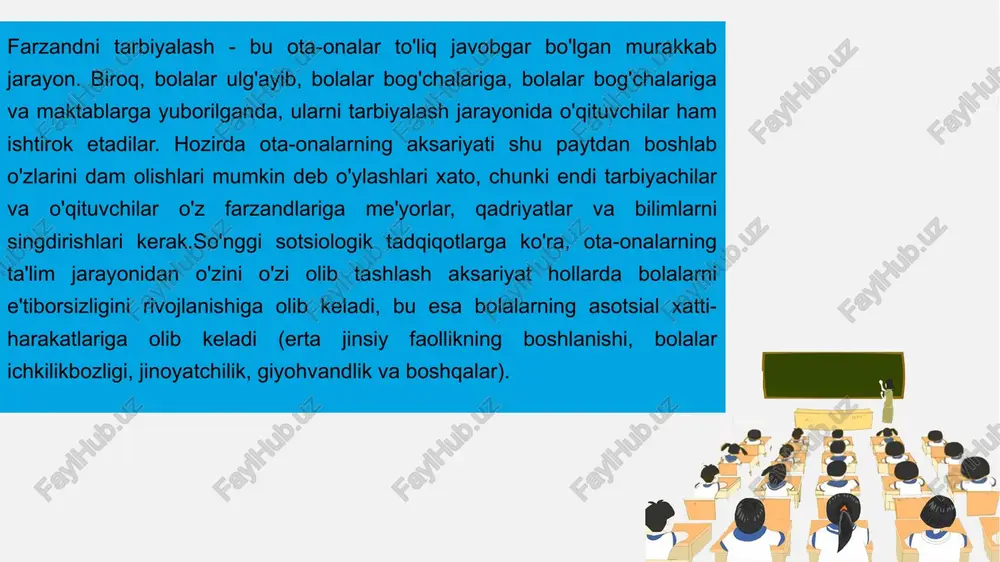 i tanlangan bo'lsa, muassasa va ota-onalar o'rtasida tushunmovchiliklar paydo bo'lishi mumkin. oila bilan ishlash shakllari enter title oilaviy ishning ushbu individual shakli o'qituvchi bolani uyiga tashrif buyurishini nazarda tutadi. bu o'ta qiyin shakl bo'lib, uni faqat eng qiyin vaziyatlarda ishlatish kerak. biroq, har doim ham o'qituvchi jiddiy muammolarni muhokama qilish uchun uydagi oilalarga tashrif buyurishi mumkin emas. ba'zi hollarda o'qituvchining uyga kelishi quvonchli voqea bo'lishi mumkin. masalan, agar bola kasal bo'lsa, o'qituvchi unga tashrif buyurishi mumkin, shu bilan birga ota-onasi bilan suhbatlashishi va uning uyda o'qish joyi qanday tashkil etilganligini o'z ko'zlari bilan ko'rishlari mumkin. xulosa enter title uchun rahmat e'tiboringiz image4.png media1.mp3 image5.png image6.png image3.png image7.jpeg image8.jpeg image9.jpeg image10.jpeg image11.png 开学第一课 开学第一课 tfboys 开学第一课, track 1, disc 1 197.78455 xxx - 163 key(don't modify):l64fu3w4yxx3zftmbz+8/xbraiercymzkf9bgtey7ripb+sijwvee7kfuekbizyt9ysfg8w36k5nacuwreeoavzgo2omvndkqenwrs4ofdgdnbyxdphh4dnkyt5jkkacxvnerp/7yf/4utzqmmzjdcdrfazufe6ugd51+hyrdpsxicjcf4fv9pnz6hnji4cwtjzpyybvi8ivtzc+kaw18/vdpv1licdzzash0tizetlhybo6heu4qdonqcvdig7uopqbs5lrvoqlhbqf1n+svwgzxiyjgqa2sl1apsfdjkgm7fethpp0ngpm9tdisy1ectal1ngcxx9zdwyaignoivhky5opc75mwa5zo0r0k8zwhvlza2tti5cxg+klvfrv9xfb4ux0zntpxuc8rd9n57uyjx4pyxbz8voama/gngglnee1ecaaard6jd4wneun/7qgh/cjjal34h7vbxiub4sogcp+qbdh35y1tyo1fclayvogotrhplokybcjld0q