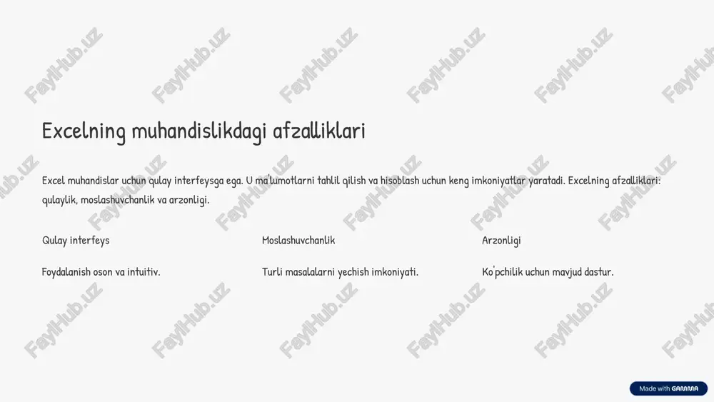 o'rtacha, dispersiya va standart chetlanish. 3 6 ma'lumotlar bazasi bilan ishlash (excel va sql) excelni ma'lumotlar bazasi sifatida ishlatish mumkin. sql so'rovlari yordamida ma'lumotlarni olish va tahlil qilish imkoniyati mavjud. excel va sql integratsiyasi ma'lumotlar tahlilini yanada kuchaytiradi. 1 excelda ma'lumotlarni yaratish 2 sql serverga import qilish 3 sql so'rovlari bilan tahlil qilish 7 muhandislik masalalarini yechish bo'yicha misollar statika masalalarini excelda yechish mumkin. materiallar qarshiligini hisoblash ham excelda amalga oshiriladi. gidravlika hisoblari ham excel yordamida osonlashadi. statika masalalari materiallar qarshiligi gidravlika hisoblari 8 excelda avtomatlashtirish va makroslar makroslar amallarni avtomatlashtirishga yordam beradi. vba (visual basic for applications) makroslar yaratish uchun ishlatiladi. avtomatlashtirish vaqtni tejaydi va xatolarni kamaytiradi. 1 vba asoslarini o'rganish 2 makroslar yaratish 3 avtomatlashtirish 9 xulosa va keyingi qadamlar excel muhandislar uchun muhim vosita. u ma'lumotlarni tahlil qilish va hisoblash imkoniyatini beradi. keyingi qadam: excelni chuqurroq o'rganish va amaliyotda qo'llash. 1 amaliyot 2 o'rganish 3 takomillashtirish 10 …