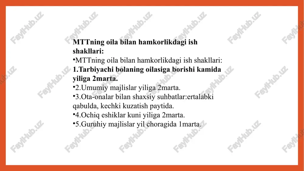 ar, shanbaliklar (bolalar maktabgacha ta`lim muassasasisi xodimlarining ota-onalar bilan birgalikdagi amaliy faoliyati), savol va javob kechalari. ko’rsatmali ishlar. ishning bu turi: ko’rgazmalar, fotomontajlar, bolalarning ishlarini namoyish qilish, ochiq eshiklar kuni, pedagogik axborot stendlari (ota-onalar burcha-gi), ota- onalar uchun kutubxona, oilaviy tarbiyaning turli masalalari bo’yicha materiallar solingan papka va shu kabilarni qamrab oladi. onalarga sanitariya va gigiena, bola hayoti, to’g’ri ovqatlanish va jismoniy tarbiyani tashkil etish masalalari bo’yicha maslahatlar berib boriladi. maktabgacha ta`lim muassasalarining ota-onalar bnlan ishlashining jamoa tarzida va yakkama-yakka holda ishlash shakllarini mohirlik bilan qo’shib olib borish, keng aholi ommasi orasida pedagogik tashviqot ishlarini tashkil qilish tufayli bolalarni tarbiyalashda ijobiy natijalarga erishish mumkin. maktabgacha ta`lim muassasasisi xodimlarining ota-onalar va oila bilan hamkorlikdagi ishlarining eng keng tarqalgan shakl va usullaridan bir nechalarini keltiramiz: ota-ona va oila bilan yakkama-yakka ishlash. ilg’or pedagogik tajribalarning ko’rsatishicha, ishning bu turi katta ahamiyatga ega va kutilgan samaralarni beradi. bunda tarbiyachi oila va bolaning shaxsiy xususiyatlarini …