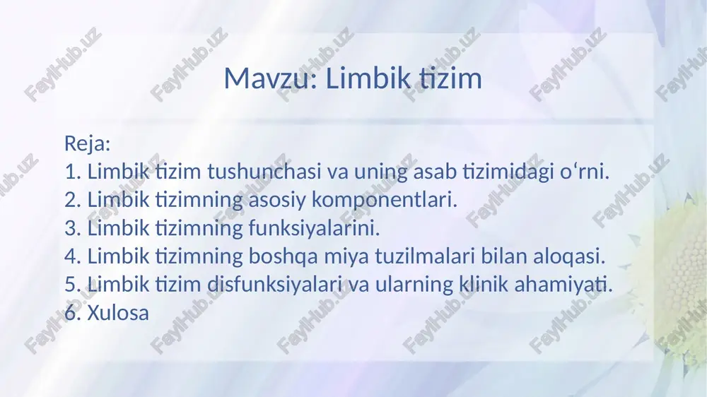 mning komponentlari, jumladan, gipotalamus, organizmning gomeostazini (ichki muvozanatini) ta’minlashda ishtirok etadi. qon bosimi, yurak urishi, tana harorati va gormonal balans kabi vegetativ jarayonlar limbik tizim orqali nazorat qilinadi. 5. stress va moslashuv javoblari stressli vaziyatlarda limbik tizim organizmni moslashuv holatiga olib keladi. bu jarayonda amigdala va gipotalamus stressga qarshi javoblarni boshqaradi, jumladan, adrenal gormonlar ajralishini faollashtiradi. limbik tizimning asosiy tarkibiy qismlari 1. amigdala: hissiyotlarni boshqarish va xavfga nisbatan javobni shakllantirish. 2. gippokamp: xotira shakllanishi va xotirani tiklash jarayonida muhim. 3. girus singuli: hissiyotlarni, xatti-harakatlarni va qaror qabul qilishni tartibga soladi. 4. hipotalamus: vegetativ funksiyalar va gomeostazni boshqaradi. 5. talamus: sensor ma'lumotlarni limbik tizimga uzatadi va ularga javob beradi. 6. orbital korteks: ijtimoiy xatti-harakatlar va hissiyotlarni tartibga soladi. limbik tizimning asosiy komponentlari limbik tizim bir-biri bilan bog‘liq bo‘lgan bir qator miya tuzilmalari va markazlaridan tashkil topgan. ushbu komponentlar hissiyotlarni boshqarish, xotira shakllanishi, motivatsiya va vegetativ jarayonlarni muvofiqlashtirish uchun birgalikda ishlaydi. 1. …