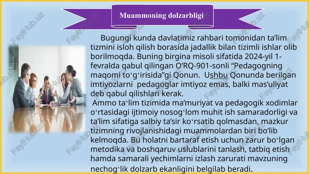 ham har kimning qo‘lidan kelavermaydi…” (290-bet) agar siz eng yaxshi mutaxassislarni saqlab qolmoqchi bo‘lsangiz, jamoadagi muhitni unutmaslik kerak…. grigoriy petrovning “oq nilufarlar yurtida” kitobida ‘‘…maktablarda o‘z manfaatini ustun qo‘yadigan rahbarlar deyarli yo‘q, nosog‘lom muhit hech qachon bo‘lmaydi” maqsad maktabda maʼmuriyat va pedagog xodimlar o‘rtasidagi ijtimoiy sog‘lom muhit yaratish vazifalar hammaga ochiq bo‘lish o‘zaro yordamni rag‘batlantirish an’analarni shakllantirish alohida mas’uliyat muammo yuzasidan xorijiy tajribalarni o‘rganilganligi fransiya maktablarida sog‘lom muhit yaratish uchun jamoa a’zolari o‘rtasida turli “piknik”lar, ko‘ngilochar tadbirlar o‘tkazish va sanalarni birgalikda nishonlash yo‘lga qo‘yilgan bo‘lib, bu tadbirlarda ota-onalar ham ishtirok etadi. germaniya maktablarida rahbarlar va o‘qituvchilar birgalikda qaror qabul qilishadi va maslahatlashishida demokratik usullarni qo‘llab- quvvatlashadi. germaniya maktablarida rahbarlar va pedagoglar ijtimoiy sog‘lom muhitni yaratishda bir nechta asosiy prinsiplar mavjud ekan bular demokratik va hamkorlik, shaxsiy rivojlanishga yo‘l ko‘rsatadi. yapon maktablarida pedagog xodimlar uchun muntazam ravishda kasbiy rivojlanish ta’lim kurslari o‘tkaziladi.maktabda qaror qabul qilishda ma’muriyat va pedagog xodimlar birgalikda ishtirok …
