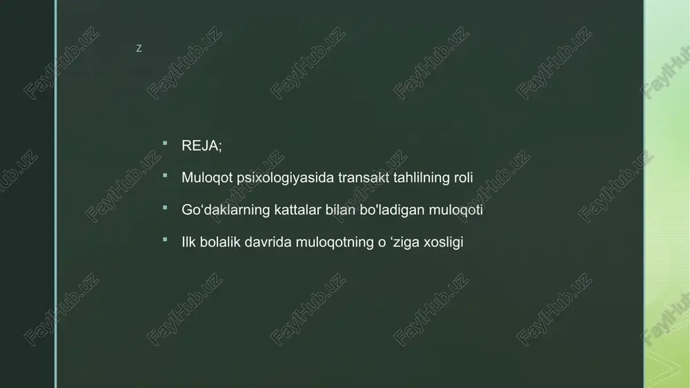 dagilarga bo'linadi: tabiiy bolalik «men»i (xursandchilik, qayg'u kabi spontan namoyon etuvchi), moslashuvchi bolalik «men«i (moslashuvchi, quloq soluvchi, o'zini aybdor hisoblovchi, ikkilanuvchi), norozilik qiluvchi bolalik «men»i (qaysarlik, qarshilik qiluvchi) z ota-onalik holati (o) — butun mas’uliyatni o'z zimmasiga oluvchi, talablar va shart qo'yadigan, nazorat o'rnatadigan holat. bu holatning jismoniy belgilari: qoshlarni uyish, ko'rsatkich barmoqni yuqoriga ko'tarish, qo'llarni ko'krakda chalishtirish, «uf» tortish, suhbatdosh yelkasini qoqib qo'yish. ota-onalik holatidagi kishi ko'pincha quyidagi so'zlardan foydalanadi: «yaxshilab miyanga quyib ol», «hech qachon...», «unutmagin», «qancha gapirish kerak», «qani qo'lingni tekkizib ko 'g-chi» (doim, hech qachon, mumkin, mumkin emas so'zlari ota-onalik holatidagi kishi tomonidan ko'p ishlatiladi). z baholovchi fikrlar — qoralash, maqtash ma’nosidagi fikrlar («ahmoq», «jinnivoy», «erkatoyim», «bechoragina» kabi) ota-onalik holatidagi kishiga xos. ota-onalik holati quyidagilarga bo'linadi: mehribon ota-onalik «men»i (yordam beruvchi, to'g'rilovchi, ovutuvchi), tanqidchilik «men»i (tanqid qiluvchi, buyruq beruvchi, qo'rqituvchi). z katta odam holati (k) — vaziyatni inobatga ola biladigan, boshqalarning manfaatlarini ham e’tibordan chetda qoldirmaydigan, …