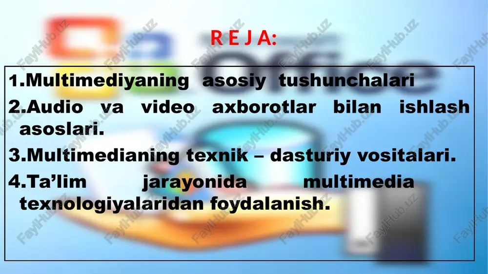 bo‘lgan (matn, grafika, rasm, tovush, animasiya, video va h.k) turli xil tashuvchilarda (optic disk, flesh xotira va h.k.) mavjud bo‘lgan axborotdan foydalanish bilan bog‘liq sohasidir. multimedia foydalanuvchiga fantastik (virtual haqiqiy) dunyoni yaratishda juda ajoyib imkoniyatlarni yaratib beradi bunda foydalanuvchi chekkadagi sust kuzatuvchi rolini bajarmasdan, balki u yerda avj olayotgan xodisalarda faol ishtirok etadi; shu bilan birga muloqot foydalanuvchi uchun odatlangan tilda — birinchi navbatda tovushli va videoobrazlar tilida bo’lib o’tadi. multimediali texnologiya- bir vaqtning o’zida ma’lumot taqdim etishning bir necha usullaridan foydalanishga imkon beradi: matn, grafika, animatsiya, videotasvir, tovush v.h. multimedia multimedia mahsuloti. multimedia mahsuloti o’zi nima? birinchidan – foydalanuvchiga albatta interfaollikni taqdim etadigan, ya’ni inson va kompyuter o’rtasida komandalar va javoblar almashinuvini ta’minlab, dialog muhitini yaratadigan dasturiy mahsulot. ikkinchidan, turli video va audio effektlar ishlatiladigan muhit. u tomoshabinga o’zicha u yoki bu stsenariyni tanlash imkonini beruvchi videofilmni eslatadi. multimedia mahsuloti – tarkibida musiqa taraladigan, videokliplar, animatsiya, rasmlar va slaydlar …