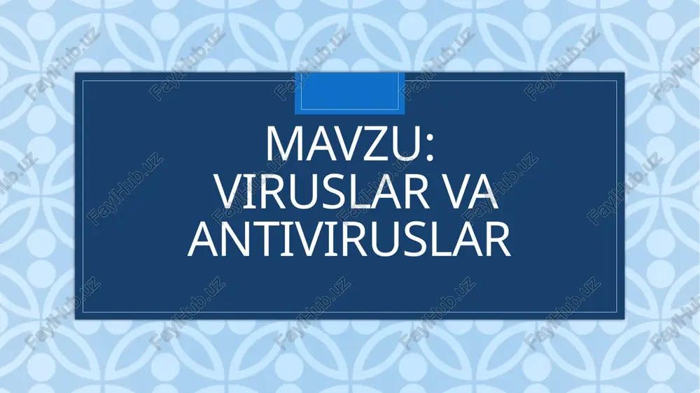 ni" ayyorlarcha olib boradi. keng tarqalgan viruslarni ikki guruhga bo'lish mumkin: -fayllar uchun (som, yexe va dll ni zararlaydi); -boot-viruslar (disketlarni boshlang'ich yuklovchi sektorlari yoki mbr (master boot record) qattiq diskning yuklovchi sohasini zararlaydi. tarmoqqa zarar keltiruvchi alohida viruslar ham mavjud. ular replikatorlar deb atalib, tarmoqdagi barcha yoki ba'zi abonentlarni zararlaydi. ulardan eng "taniqlisi" morrisa nomlisidir. 1988 yilda ushbu virus internet tarmog'idagi 30000 ta kompyuterdan 6000 tasiga zarar keltirib, "karomat" ko'rsatgan. fayl viruslarini sinflarga ajratish. fayl viruslari kompyuterlarda keng tarqalgan viruslar. ular barcha viruslarning tahminan 80% ini tashkil etadi. bu toifa kompyuter viruslari juda chidamli bo'lib, o'z vaqtida ehtiyot chorasi ko'rilmasa, haqiqiy epidemiyaga aylanadi. masalan, rce-1813 yoki ierusalem (quddus), black friday (qora juma) va boshqa o'ta xavfli viruslardir. virus – bu dasturchi tomonidan tuzilgan, kompyuter ish faoliyatini tekis ishlashiga halaqit beradigan, oqibatda kompyuterni yoqilishini ham taqiqlab qo'yadigan dasturdir. bu dasturlar asosan internet tarmog'i orqali foydalanuvchi kompyuteriga tushadi. albatta, bu dastur, …