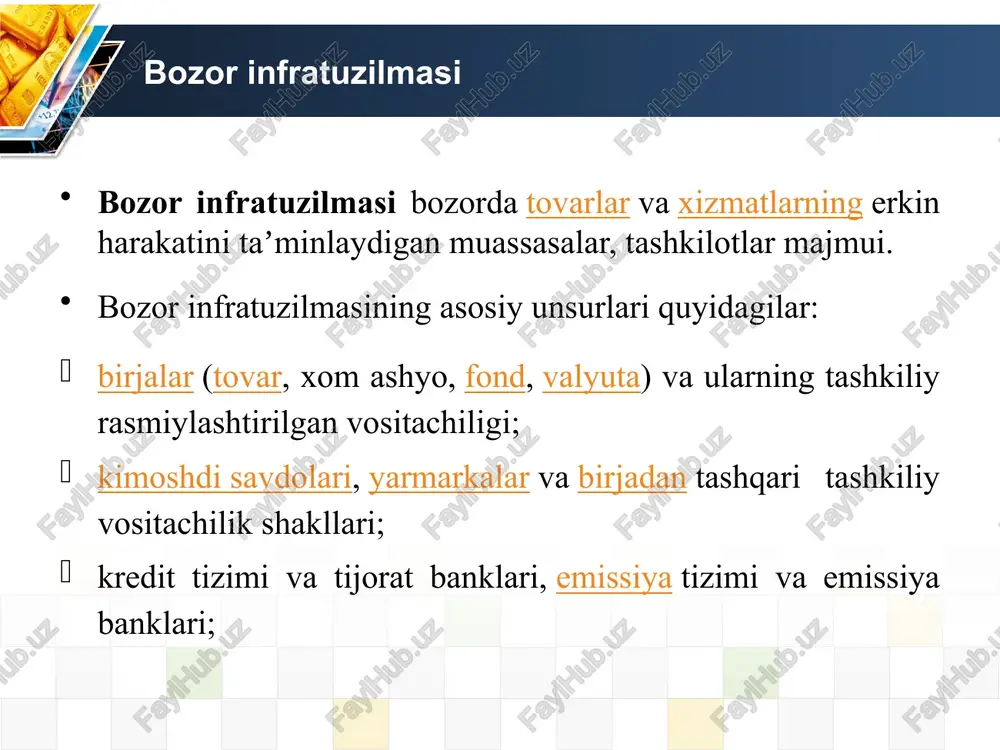 shlab chiqarishning uzluksizligini taʼminlash (yaratilgan tovarlar va 4 bozor xizmatlar bozorda sotilgach, tushgan pulga ishlab chiqarish uchun zarur iqtisodiy resurslar, chunonchi asbob-uskunalar, mashinalar, yokilgʻi, ish kuchi sotib olinib, ishlab chiqarishni davom ettirish imkoniyati yaratiladi, iqtisodiyotni tartiblash (nimani, qanday ishlab chiqarish, kim uchun ishlab chiqarish); mamlakatlar oʻrtasida iqtisodiy hamkorlik oʻrnatish singari vazifalarni bajaradi. bunda talab va taklif, shunga muvofiqlarning oʻzgarishiga qarab ishlab chiqarish yuritiladi. talab oshib narx oʻshsa, ishlab chiqarish koʻpayadi, aksincha, taklif oshib talab kamaysa, ishlab chiqarish qisqaradi. 5 bozor infratuzilmasi bozor infratuzilmasi bozorda tovarlar va xizmatlarning erkin harakatini taʼminlaydigan muassasalar, tashkilotlar majmui. bozor infratuzilmasining asosiy unsurlari quyidagilar: birjalar (tovar, xom ashyo, fond, valyuta) va ularning tashkiliy rasmiylashtirilgan vositachiligi; kimoshdi savdolari, yarmarkalar va birjadan tashqari tashkiliy vositachilik shakllari; kredit tizimi va tijorat banklari, emissiya tizimi va emissiya banklari; 7 aholi bandligini boshqarish tizimi, davlat va nodavlat bandlikka yordam koʻrsatish markazlari (mehnat birjalari); axborot texnologiyasi va ishbilarmonlik aloqalari vositalari; soliq tizimi …