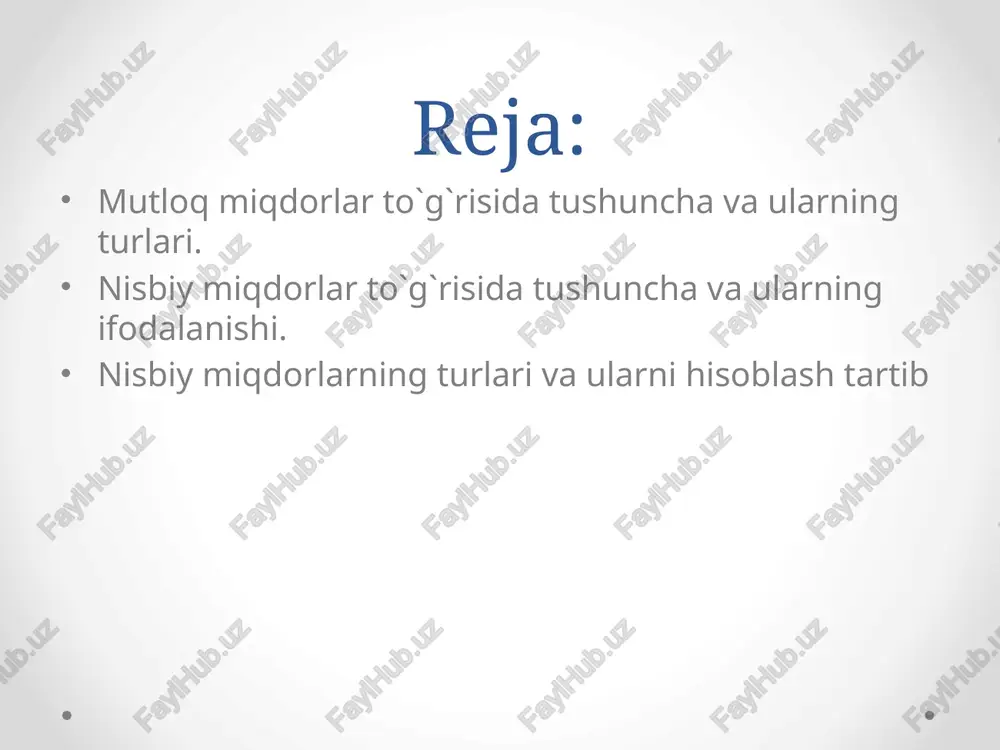 naturada; shartli naturada; pulda; kompleks o`lchov birliklarida ifodalanishi mukin. natura kompleks shartli natura natura – o`lchov birligi deyilganda, o`rganilayotgan xodisaning ichki xususiyatini ifodalovchi og`irlik, uzunlik, hajm va boshqa birlilar tushuniladi. kompleks – o`lchov birliklari deyilganda, murakkab xodisalarni ifodalovchi ikki va undan ortiq o`lchov birliklarining o`zaro birlikmaisi xisoblanadi masaan: “o`zbekiston temir yo`llari” aj ning yillik yuk tashish aylanmasi 22,9 mlrd.tonna-kmni tashkil etadi. shartli natura – o`lchov birligi deyilganda bir xil turdagi istemol qiymatga ega bo`lgan xodisalarni bir xil birlikka keltiruvchi o`lchov birliklari tushuniladi. bu birlik negizida o`rganilayotgan xodisalarning muhum iste`mol istemol qiymatiga asoslangan nisbatlar yotadi. nisbiy miqdorlar to`g`risida tushuncha va ularning ifodalanishi jamiyat taraqqiyotini nisbiy miqdorlarsiz tasavvur qilib bo`lmaydi. xamma narsa taqqoslanishda bo`ladi. ikki taqqoslama mutloq miqdorni bo`lish natijasida olingan umumlashtiruvchi miqdor statistikada nisbiy miqdorlar deb ataladi. nisbiy miqdorlar kuzatish jarayonida olingan maluotlarni avvalgilariga solishtirish natijasida olinadi. masalan: o`zbekiston respublikasida 2017 yil yakuni bo`yicha o`tgan yilga nisbatan yapi maxsulatida 5,3% ga …