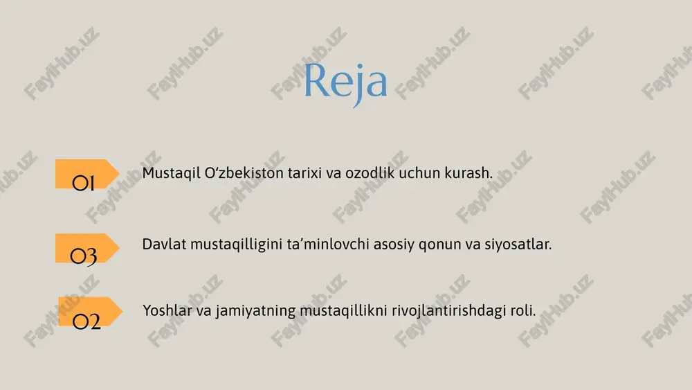 arga muvofiqlikni ta’minlaydi va davlat mustaqilligini mustahkamlashga xizmat qiladi. siyosatlar va ularning ta’siri iqtisodiy siyosat o'zbekiston bozor iqtisodiyotiga o'tish jarayonida keng qamrovli islohotlar o'tkazdi. natijada, iqtisodiy o'sish sur'atlari oshdi va tashqi savdo hajmi sezilarli darajada kengaydi. ijtimoiy siyosat ta'lim, sog'liqni saqlash va ijtimoiy himoyada keng ko'lamli islohotlar amalga oshirildi. bu o'zgarishlar aholining hayot sifatini yaxshilashga xizmat qilmoqda. tashqi siyosat xalqaro aloqalar, yevroosiyo iqtisodiy ittifoqi va yunisef bilan hamkorlik kengayib, tashqi savdo va diplomatik aloqalar mustahkamlandi, mamlakat xalqaro maydonda o'z o'rnini mustahkamladi. ta’sirlar va natijalar siyosatlarning ijobiy ta’siri iqtisodiy va ijtimoiy rivojlanishni qo'llab-quvvatladi, lekin muhim muammolar hal etilishi uchun doimiy takomillashtirishlar zarur. yoshlar va mustaqillik: rivojlanish yoʻllari yoshlar mustaqillikni rivojlantirishda asosiy rol oʻynaydi. ular yangi fikrlar va innovatsiyalar bilan jamiyat rivojiga hissa qoʻshadi. bu yoshlar orasida liderlik va tashabbuskorlikni rivojlantirish muhimdir. ijtimoiy va iqtisodiy sohalarda yoshlarning ishtiroki muhim ahamiyatga ega. ular ta'lim, texnologiya, biznes va davlat boshqaruvisida faol ishtirok etib, mamlakat …