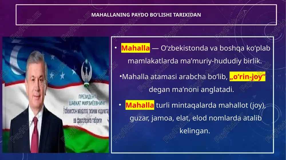 rda mahallalar fuqarolarning kasbkori asosida shakllangan va shunga qarab nomlangan. masalan, zargarlik, misgarlik, koʻnchilik, pichoqchilik, qoshiqchilik, temirchi, egarchi, taqachi va hokazo. mahalla qadimda mahalliy hokimiyatning oʻziga xos bir shakli, koʻrinishi tarzida faoliyat koʻrsatgan. uni boshqarish jamoatchilik asosida olib borilib, oʻzining yozilmagan ichki tartib-qoidalariga ega boʻlib, u hamma uchun birdek qonuniy hisoblangan. 20-asrning boshlaridayoq mahallalar daha boshliqlari — mingboshilar saylaydigan yuzboshi (oqsoqollar) tomonidan boshqarilgan. yuzboshi va uning yordamchilari mahalladagi barcha jamoat ishlari va marosimlarni boshqargan. shuningdek, fuqarolarning shahar yigʻinlari va shahar muassasalarida m. manfaatlarini himoya qilgan. 1932-yil 17-aprelda oʻzbekistonda birinchi marotaba shaharlardagi „mahalla qoʻmitalari toʻgʻrisida“ nizom qabul qilindi. 1935—36 yillarda mahallalarda oqsoqol boshchiligida mahalla qoʻmitalari tashkil etilib, aholi oʻrtasida olib boriladigan barcha ishlarni rais boshqargan 1961-yil avgustda oʻzbekiston oliy kengashi tomonidan chiqarilgan „respublika shahar, qishloq, posyolkalaridagi va ovullaridagi mahalla qoʻmitalari toʻgʻrisida“gi nizomda ham mahallaga yuridik shaxs maqomi berilmagan edi. mahalla qoʻmitalari biron-bir moliyaviy xoʻjalik faoliyati bilan shugʻullanishi mumkin emas, ular oldi-sotdi, …
