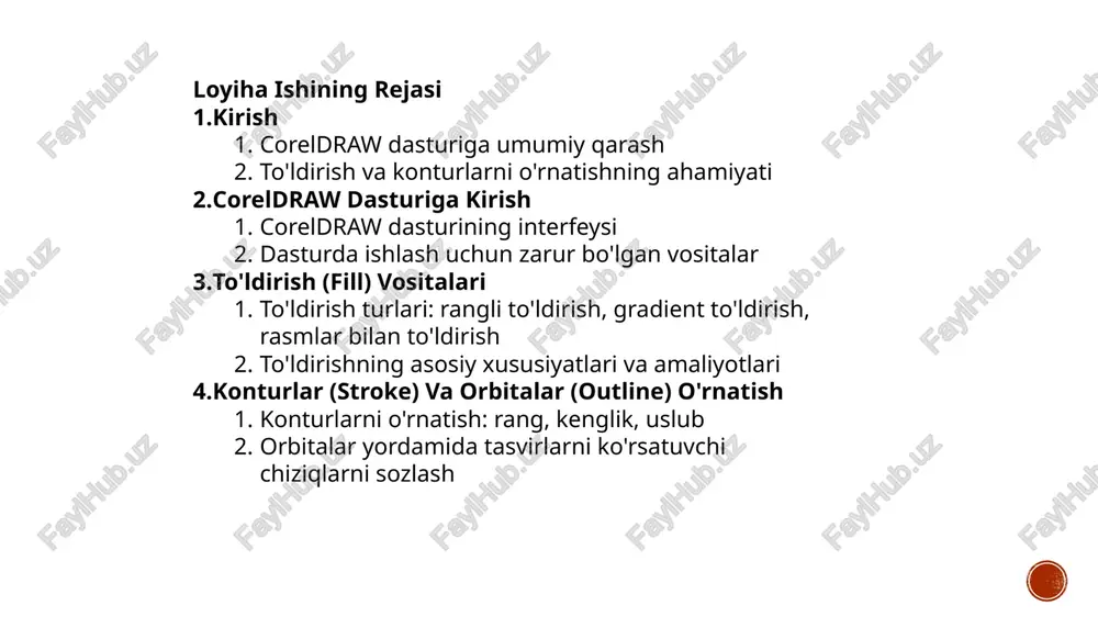 dirish): ranglar o'rtasida o'zgarishlar hosil qilish. bu effekt yordamida tasvirga chuqurlik va haqiqatni taqdim etish mumkin. pattern fill (shablon to'ldirish): maxsus shablonlar yordamida tasvirni to'ldirish. texture fill (matn bilan to'ldirish): to'ldirishni rasmlar yoki matnlar bilan amalga oshirish. har bir usulning o'ziga xos xususiyatlari mavjud, va ularni qanday ishlatish coreldraw dasturida ishlashda muhimdir. 4. konturlar (stroke) va orbitalar (outline) o'rnatish konturlar – bu tasvirni o'rab turgan chiziqlar bo'lib, ular tasvirning shaklini aniq ko'rsatadi. coreldraw dasturida konturlarni o'rnatish uchun bir nechta parametrlar mavjud: kontur rangini o'rnatish: bu yordamida chiziqlarni istalgan rangda qilish mumkin. kontur kengligini sozlash: chiziqlarning qalinligini sozlash mumkin. kontur uslubi: chiziqlarni nuqtali, to'g'ri yoki chiziqli ko'rinishda o'zgartirish mumkin. orbitalar esa konturlarni shakllantiruvchi qirrali chiziqlardir. ularni yaratishda konturga o'xshash parametrlar mavjud, lekin orbitalar ko'proq geometrik shakllarda ishlatiladi. 5. orbitalar va to'ldirishning birgalikdagi ishlashini tahlil qilish coreldraw dasturida to'ldirish va orbitalarni birgalikda ishlatish orqali vizual effektlar yaratish mumkin. misol uchun: chiziqlar va …