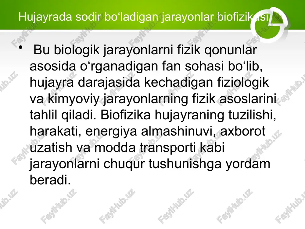 n qon tomirlari ichidagi qonga, karbonat angidrid esa aksincha, qondan alveolalarga diffuziya orqali o‘tadi. oziq moddalarning hujayralarga yetkazilishi: ichakda ovqat hazm bo‘lgach, hosil bo‘lgan glukoza, aminokislotalar va boshqa moddalar qon orqali hujayralarga diffuziya bilan o‘tadi. hujayra ichida gazlar va moddalar almashinuvi: hujayra membranasi orqali moddalarning kirib chiqishi ko‘pincha diffuziya orqali sodir bo‘ladi. passiv transport passiv transport – bu moddalarning hujayra membranasi orqali energiya sarflamasdan, yuqori konsentratsiyadan past konsentratsiyaga qarab harakatlanish jarayonidir. turlari: diffuziya: gazlar (o₂, co₂) yoki kichik molekulalar membranadan o‘z-o‘zidan o‘tadi. osmos: suvning yarim o‘tkazuvchan membrana orqali harakati. * faollashtirilgan diffuziya (facilitated diffusion): oqsillar yordamida yirik molekulalar (masalan, glyukoza) membranadan o‘tadi, lekin energiya sarflanmaydi. faol transport faol transport – bu moddalarning hujayra membranasi orqali energiya (atp) sarflab, past konsentratsiyadan yuqori konsentratsiyaga qarab o‘tkazilishidir. misollar: natriy-kaliy nasosi (na⁺/k⁺ pompasi): hujayra ichiga kaliy, tashqariga natriy ionlarini o‘tkazadi. * amino kislotalar va glyukozaning ichakdan qonga o‘tishi. fizik asosi: atp energiyasi ishtirok etadi. …
