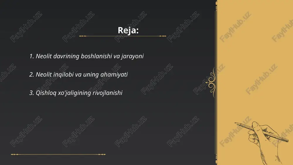 b chiqarish hajmi taxminan 80 trillion so‘mga yetdi. dalalarda paxta, bug‘doy, meva va sabzavot yetishtiriladi. 2021-yilda o‘zbekiston 3 million tonna bug‘doy va qariyb 2,5 million tonna paxta ishlab chiqargan. mamlakat umumiy ekin maydonlari qariyb 3,35 million gektarni tashkil qiladi. suv resurslari ham muhim ahamiyatga ega bo‘lib, qishloq xo‘jaligida foydalaniladigan suv hajmi yiliga taxminan 58 kub kilometrni tashkil etadi. 2020-yilda qishloq xo‘jaligida band bo‘lgan aholining ulushi 26% edi. texnologik rivojlanish va innovatsiyalar sohada samaradorlikni oshirish uchun muhimdir. ... t.me/slaydai_bot 4. neolit davrida dehqonchilikning paydo bo'lishi neolit davrida dehqonchilikning paydo bo'lishi insoniyat tarixida muhim o'zgarishlarni boshlab berdi. taxminan 12,000 yil oldin, hozirgi o'rta sharq hududida yashagan odamlar don ekinlarini ekish va ularni parvarish qilishni o'rgandilar. bu davrda bug'doy, arpa va suli kabi ekinlar birinchi marotaba yetishtirildi. yangi texnologiyalar, masalan, toshdan yasalgan qurollar va asboblar ishlab chiqildi. dehqonchilikning rivojlanishi natijasida odamlar ko'chmanchi hayot tarzini tark etib, barqaror yashash punktlarini yaratdilar. bu jarayon jamiyatning …