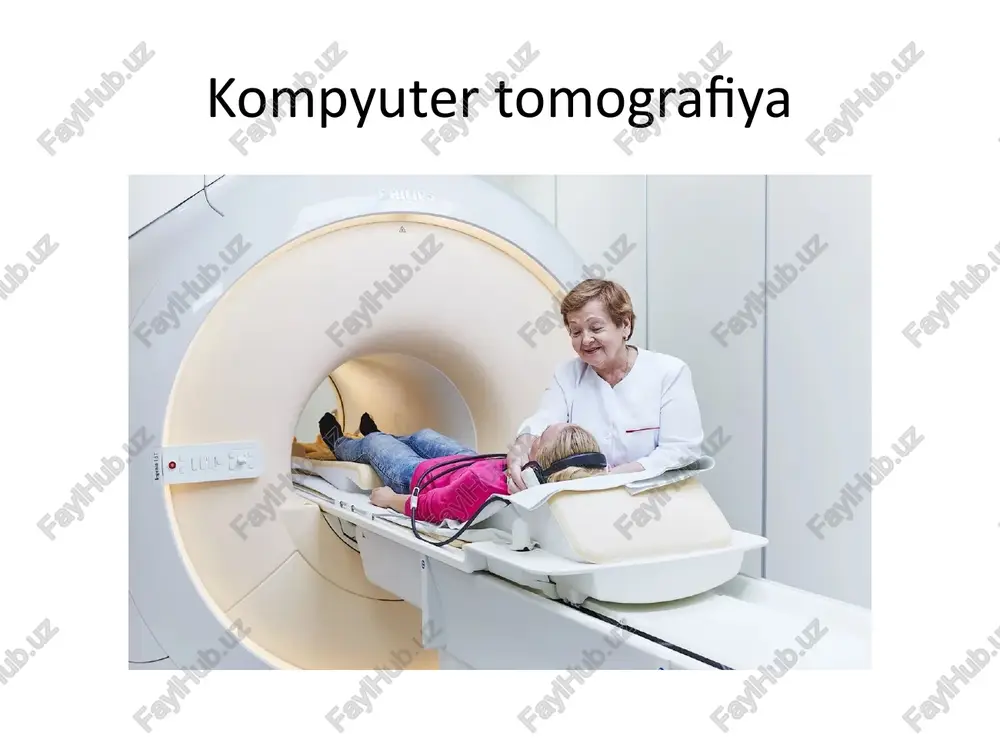 to‘lqinlar shaklida ko‘rsatiladi. . ko’rsatmalar 1. bemor kresloga o‘tiradi yoki karavotda yotadi. 2. bosh terisiga maxsus shlyapa kiydiriladi, unda 16–25 ta elektrod joylashgan. 3. elektrodlar maxsus gel bilan teriga mahkamlanadi. 4. qurilma miyaning elektr signallarini yozib oladi va ekranda turli to‘lqinlar (alfa, beta, delta electromiografiya bu mushaklar biopotensiallarining harakat apparati orqali aniqlash usuli electromiografiya asab va mushak kasalliklarini aniqlash: nevropatiya (asab tolalari shikastlanishi) miyopatiya (mushak kasalliklari) neyromuskulyar kasalliklar (miyasteniya gravis) orqa miya va periferik nerv shikastlanishini baholash radikulopatiya (disk churrasi, osteoxondroz oqibatlari)ni aniqlash mushak zaifligi, qaltirash, og‘riqlar sababini tekshirish reabilitatsiya samaradorligini kuzatish image1.jpeg image2.png image3.png image4.png image5.png /docprops/thumbnail.jpeg