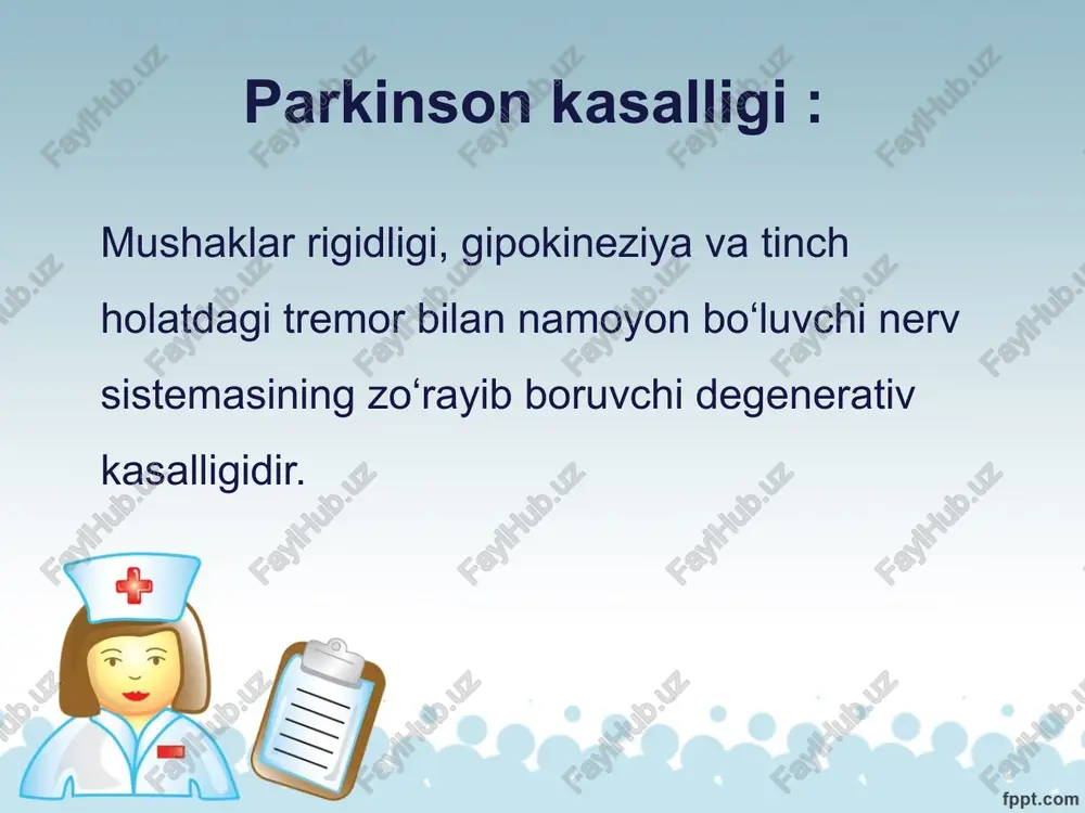 millarga asosiy urg‘u beriladi. unda patologik genning autosom-dominant tipda naslga uzatilishi aniqlangan. bu esa kasallik farzandlarga to‘la o‘tadi, degani emas. vaholanki, parkinson kasalligining o‘zi emas, balki unga moyillik avloddan-avlodga uzatiladi. demak, ushbu patologiyaga moyilligi bor odamlarda turli salbiy omillar parkinson kasalligi rivojlanishiga turtki bo‘lishi mumkin. parkinson kasalligiga moyillik deganda, l-tirozingidroksilaza fermentining tug‘ma yetishmovchiligi tushuniladi. chunki bu ferment tirozinning l-dofa ga aylanishini ta’minlaydi. turli intoksikatsiyalar: oltingugurt, marganes, qo‘rg‘oshin, metil va etil spirtlari, fosfororganik birikmalar, is gazi, ya’ni dofaminergik neyronlar faoliyatini izdan chiqaruvchi zaharli moddalar. neyrotrop viruslar: ekstrapiramidal yadrolar, ayniqsa, qora modda zararlanishini yuzaga keltiruvchi virusli infeksiyalar. masalan, letargik ensefalit viruslari, gripp va boshqa neyrotrop viruslar. dorilarning nojo‘ya ta’siri va asorati: neyroleptiklar (aminazin, galoperidol) bilan davolash asoratlari. shuningdek, metildopa, yallig‘lanishga qarshi nosteroid dorilar, sinnarizin, diprazin, serukal, siklosporin, valproat natriy, fluoksetinlar ham etiologik omil bo‘lilishi mumkin. serebrovaskulyar buzilishlar: dissirkulyator ensefalopatiya, binsvanger kasalligi, po‘stloq osti va frontal soha insultlari. bosh miya jarohatlari: bosh miyaning …