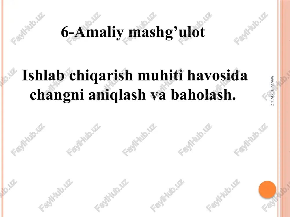 sh va boshqalar). bunda dispers faza sifatida chang zarrachalari, dispersli muhit esa - havo hisoblanadi. gigiyenik ahamiyatga faqat havo muxitida bo’ladigan changning konsentratsiyasigina emas, balki uning kelib chiqishi, kattaligi va chang zarrachasining tabiati xam muhimdir. chang zarrachalarining shakli uning qanday hosil bo’lishiga bog’liq. chang zarrachalarining katta-kichikligi bo’yicha (chang dispersligi) katta dispersli (chang zarrachlarining kattaligi - 10 nm), o’rta dispersli (5-10 nm), kichik dispersli (0,25 - 0,5 nm) va ultrakichik dispersli (0,25 nm dan kichik) changlarga bo’linadi. www.arxiv.uz www.arxiv.uz changning kimyoviy tarkibi katta gigiyenik ahamiyatga ega, chunki changning organizmga ta‘sir ko’rsatish harakteri unga bog’liq bo‘ladi va quyidagilarga farqlanadi: fibrogenli, qo’zgatuvchi yoqi qichituvchi, toksik (zaxarli), allergenli ta‘sirlar. fibrogenli ta‘siri: changga oid patologiya va eng ko’p va og’ir kechadigan kasb kasalliklariga kiradi. chang ta‘siri natijasida spetsifik va nospetsifik kasb kasalliklari kelib chiqadi. spetsifik kasb kasalligiga pnevmokoniozlarni kiritish mumkin. «pnevmokoinoz» atamasini tibbiyotga 1866 yili senker kiritgan, pnevmokoinoz so‘zining ma‘nosi yunoncha so‘zdan olingan bo‘lib, «pnevmon»- …