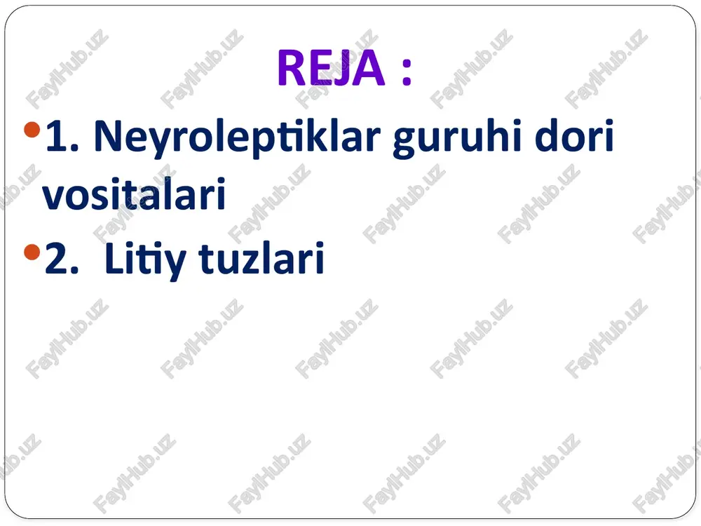 a’sirga ega. sedativ ta’sir bo'yicha neyroleptiklar narkoz yuzaga keltiruvchi hamda uxlatuvchi moddalardan farq qiladi. neyroleptiklarning ko‘plariga o‘rganish rivojlanadi. neyroleptiklarni qo‘llash: psixozlar (alaxsirash), ruhiy xastaliklar (ayniqsa kuchli tajavuzkorlik, qo‘zg‘alish, alaxsirash va gallyusinatsiyalar bilan kechadiganlarida); - dorilarga qaramlik (tobelik)ni to‘xtatishda; - qayt qilish va xiqchoq tutishni to‘xtatishda; - anesteziologiyada (suniy gibernatsiya, narkotik, uxlatuvchi, analeptik vositalar ta’sirini kuchaytirish, neyroleptanalgeziya); kimyoviy tuzilishiga ko'ra neyroleptiklar 4 guruhga fenotiazin, butirofenon, tioksanten, dibenzodiazepin unumlariga bo'linadi: “tipik” antipsixotik vositalar: - fenotiazin unumlari: aminazin, meterazin, triftazin, ftorfenazin - butirofenon unumlari: galoperidol, droperidol, trifluperidol - tioksanten unumlari: xlorprotiksen “atipik” antipsixotik vositalar: - dibenzodiazepin unumlari: klozapin - benzamidlar unumlari: sulpirid aminazin markaziy nerv sistemasiga, vegetiv innervatsiyaga, ijrochi a’zolarga hamda moddalar almashinuviga ta’sir ko'rsatadi. aminazin psixozga qarshi hamda sedativ ta’sirga ega, yuqori miqdori bir qadar uyqu keltiradi, mushaklarni bo'shashtiradi. aminazinning potensirlash xususiyati bor, bu modda og'riq qoldiradi, narkoz holatini paydo qiladigan, uxlatuvchi moddalar ta’sirini va ta’sir muddatini oshiradi. aminazin qusishga, hiqichoqqa qarshi …