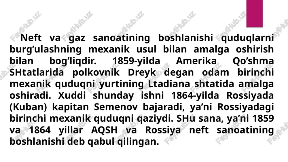 rganishda geofiznk usullardan foydalanish ham qo’llana boshlanadi, 1906-1916 yillarda mashhur geolog d.v. golubyatnikov ozarbayjon va dog’istonning 300 dan ortiq konlarida ulardagi quduqlar haroratini muntazam g’lchab bordi. neft-gaz qazib chiqarishning ba’zi masalalarini hal qilishda geotermik gradientning qo’l kelishini birinchi marta shu kishi tavsiya etgan. o’sha davrlardagi neft zahiralarini aniqlash, uni qazib olish va geologik ma’lumotlarni mukammallashtirish borasida qilingan ishlar nomuntazam va uzviy emas edi. ikkinchi davr 1918-yildan to 1949-yilgacha bo’lgan davrni o’z ichiga oladi. bu vaqt davomida neft sanoati milliylashtirildi (natsionalizatsiya) va yangi texnika bilan jihozlanadi. shu davrda neft sanoati rejali ravishda tezlik bilan rivojlana boshlaydi. 1920-yilda neft sanoatini milliylashtirilgandan so’ng ko’plab quduqlarning kovlanishi natijasida boku va uning tashqarisidagi tumanlarda anchagina muvaffaqqiyatlarga erishildi, quduqlarning chuqurligi ham orta bordi, ko’pgina mahsuldor konlar topilishiga erishildi. bu ishlar neft chiqarishning ortishiga olib keldi. bu ishlar neft sanoati ishlarini ilmiy asosda tashkil etishni taqozo etardi. uchinchi davr 1949-yildan to hozirgi kungacha o’tgan vaqtni g’z ichiga …
