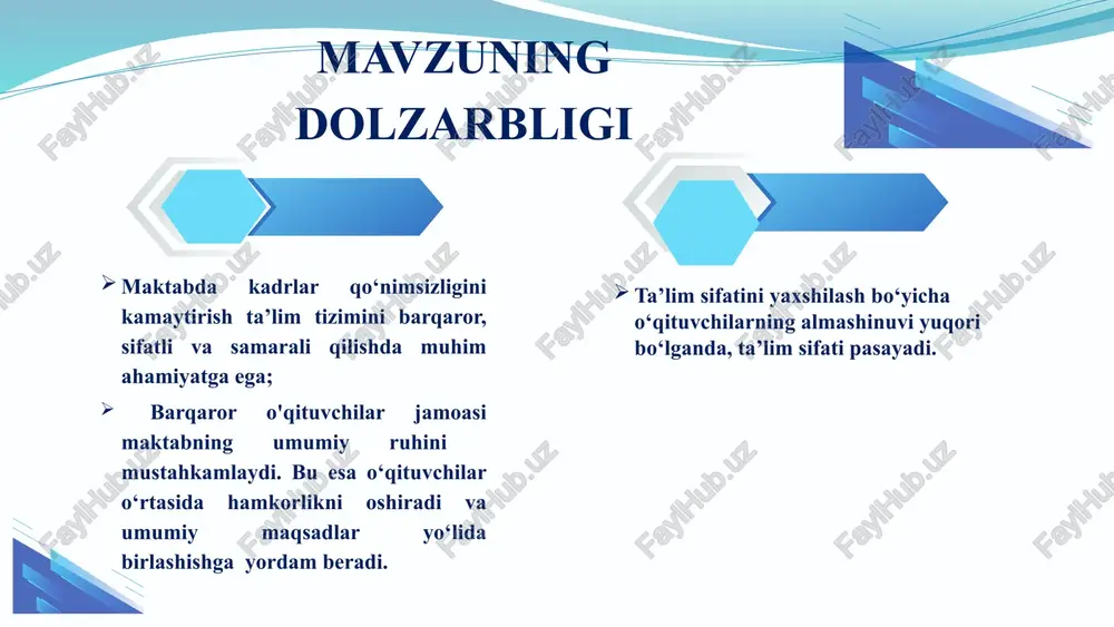 chun shaxsiy rivojlanish rejasini ishlab chiqish va amalga oshirish. o‘qituvchilar o'rtasida muntazam ravishda ish qoniqishini o‘lchash uchun so‘rovnomalar o‘tkazish va natijalarni tahlil qilish. o‘qituvchilardan doimiy ravishda fikr-mulohazalar olish va ular asosida ish sharoitlarini yaxshilash. o‘qituvchilarga psixologik yordam va maslahatlar taqdim etish. o‘qituvchilar uchun dam olish va salomatlikni saqlash bo‘yicha dasturlarni joriy etish. mavzuga oid xorijiy tajribalarning o‘rganilganligi germaniya kanada yaponiya service 04 germaniyada o‘qituvchilar yaxshi ishlash sharoitlariga ega, shu jumladan zamonaviy texnologiyalar va resurslar bilan ta’minlanadi. o‘qituvchilar davlat xizmatchilari sifatida ishlashadi va ular uzoq muddatli ish kafolatlariga ega; kanadada o‘qituvchilar va maktab rahbariyati o‘rtasida ochiq muloqot tizimi mavjud. maktab jamoalari o‘qituvchilarni qo‘llab-quvvatlash uchun birgalikda ishlaydi. maktablarda o‘qituvchilar uchun ijtimoiy va jamoaviy tadbirlar muntazam ravishda o‘tkaziladi yaponiyada yangi o‘qituvchilar uchun tajribali o‘qituvchilar mentor sifatida tayinlanadi. bu tizim yangi kadrlarning maktab muhitiga tez moslashishiga yordam beradi. o‘qituvchilar o‘rtasida jamoaviy hamkorlik juda rivojlangan bo'lib, ular bir-birlariga yordam berishadi va tajriba almashadilar. yangi ishga …