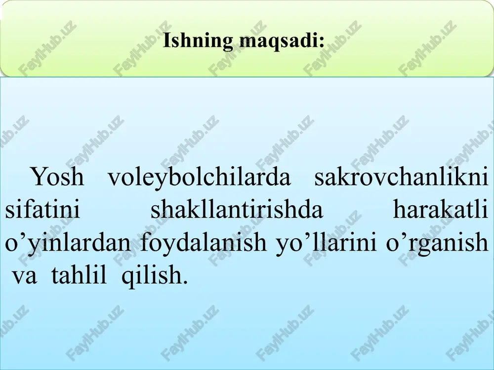 redmeti: 15 yoshli voleybolchilar mashg’ulotlaridagi jismoniy tayyorgarligi jarayoni. ishning yangiligi: yosh voleybolchilarni tayyorlashda jismoniy qobiliyatlarning tutgan o’rni va ularni rivojlantirishga doir ilmiy ma’lumotlar bazasi yaratildi. yosh bolalarda sakrovchanlikni rivojlantirishning yosh xususiyatlari o’rganib chiqildi. yosh sportchilarda jismoniy sifatlarni rivojlantirishda harakatli o’yinlardan foydalanish yo’llari o’rganildi.yosh voleybolchilarda sakrovchanlik sifatini harakatli o’yinlar vositasida shakllantirish uslubiyati amaliy asoslandi. ishning amaliy ahamiyati: magistrlik dissertatsiyaning natijalari quyidagilarda qo’llanilishi mumkin: sinfdan tashqari voleybol mashg’ulotlarini o’tkazishda; bo’smlarning voleybol mashg’ulotlarida bolalar va o’smirlarini sakrovchanligini rivojlantirishda foydalanish mumkin. tadqiqot metodlari: adabiyotlar manbalari, ilg’or pedagogik tajribalarni tahlil qilish va umumlashtirish. anketa so’rovnomasi. nazorat sinovlari (test ilovalari). pedagogik kuzatuv. pedagogik tajriba. matematik statistika metodi. so’rovlar murabbiylar amaliy ishlarida yosh voleybolchilarni tayorlashni tashkil etish metodikasi bo’yicha tajribalarni umumlashtirish maqsadlarida o’tkaziladi. pedagogik kuzatish, istiqbolli voleybolchilarni tanlashni o’tkazish metodikasi bilan bog’liq masalasini o’rganish maqsadida hamda yosh voleybolchilarni tayyorlash turlari jismoniy tayyorgarligini hisobga olish bilan o’quv-mashqlari mashg’ulotlarida foydalaniladigan harakatli o’yinlar soni va mosligini aniqlash maqsadida olib boriladi. …