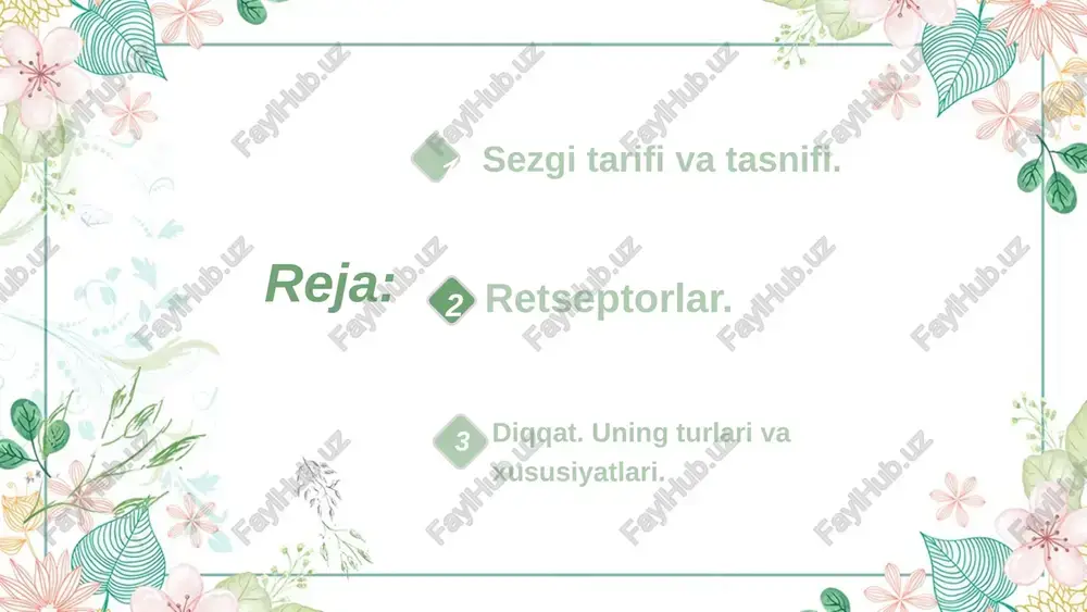 – o‘z-o‘zidan paydo bo‘ladi. (masalan, chaqnagan nur, baland tovush) 2. ixtiyoriy diqqat – ongli ravishda boshqariladi. (masalan, o‘qishga e’tibor berish) 3. ixtiyoriydan keyingi diqqat – avval ongli, keyin tabiiy bo‘lib ketadi. (masalan, qiziq kitob o‘qiganda vaqtni unutish) eʼtiboringiz uchun tashakkur! image1.png image2.png image3.jpeg image11.jpeg image4.png image5.svg image6.png image7.svg image8.svg image9.svg image10.png image12.jpeg image13.jpeg /docprops/thumbnail.jpeg