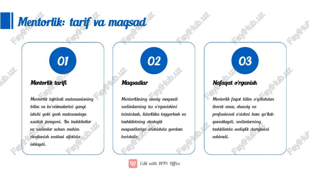n o‘rganadi. bu yagona komanda ruhini shakllantiradi, silsilaviy ravishda madaniyat avloddan- avlodga o‘tadi. tashkilot identifikatsiyasi korporativ madaniyatning mustahkamlanishi tashkilot identifikatsiyasini kuchaytiradi, xodimlar tashkilotning maqsadlariga qatnashishni istag‘lar va kengaytirilgan rivojlanish imkoniyatlarini qabul qiladilar. tashkilot rivojlanishiga yordam tashkilot rivojlanishiga yordam mentorlik tizimi orqali yuqori malakali kadrlar tayyorlanadi, innovatsion g‘oyalar tarqaladi, boshqaruv zanjiri qisqaradi. bu esa kompaniya t ez l i gin i osh i rad i va raqoba tbardosh l i k darajasini yuksaltiradi. maqsad va ko‘rsatkichlarni belgilash s m a r t m e z o n l a r i g a asoslangan maqsadlar dastur boshida smart-mezonlarga asoslangan maqsadlar qo‘yiladi, masalan, 6 oyda yangi xodimlarning ishni o‘zlashtirish darajasini 90% gacha oshirish. ko‘rsatkichlar o‘lchanadi ko‘rsatkichlar o‘lchanadi va hisobot shakllantiriladi. bu dasturning samaradorligini o‘lchashda muhim vositalar sifatida ishlaydi. natijalarni baholash natijalarni baholash muhimdir, chunki bu dasturning maqsadlariga erishganligini tekshirish va kengaytirish uchun asos bo‘ladi. mentorni tanlash mezonlari tajriba va malakasi mentorlikka tajribasi …
