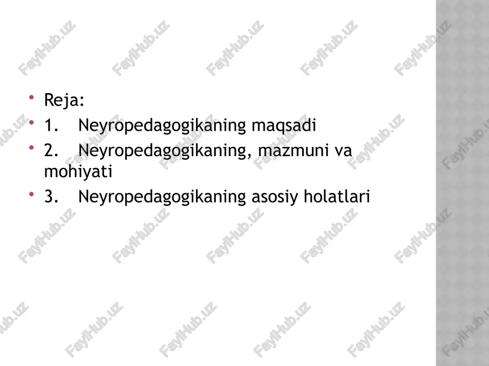 agnostika natijalari va pedagogik neyropsixologiyaning korreksion texnologiyalari asosida, ta’lim oluvchilar guruhining neyropedagogik muhiti xususiyatlarini e’tiborga olib tarbiyaviy tadbirlarni tashkil etishga oil tavsiyalar tayyorlaydi. ta’lim olishning neyropedagogik muxiti quyidagi uch tarkibiy qismdan iborat: jismiy muxit – sinf xonasi, auditoriya, undagi jixozlar; psixologik muxit – ta’lim oluvchilarni sinfda individual-psixologik jixatlarini xisobga olgan holda joylashtirilishi; psixosotsial muxit – o‘qituvchi va o‘quvchilarning ta’lim jarayonidagi shaxslararo kommunikatsiyasi. neyropedagogikada ta’lim muxitini tashkil etishni psixodinamik darajada tahlil qilish uchun transakt tahlil va stratologik tahlil usullaridan foydalaniladi. tsvetkova l.s. metodika neyropsixologicheskogo obsledovaniya detey.- m., 1997. stratologik tahlil – ta’lim oluvchilar guruhidagi kichik guruhlar tipologiyasi va ularning neyropedagogik pozitsiyalariga asosiy e’tibor qaratgan holda guruhning umumiy neyropedagogik relefini tadqiq qiladi. transakt tahlil – xulq-atvor stereotiplarining standart (odatdagi, kundalik) vaziyatlarda, neyropedagogik pozitsiyalar ko‘rinishida namoyon bo‘ladigan kommunikatsiyaning majmuaviy va stereotipli zanjirlarini o‘rganishga asoslangan. psixologiyaga oid ilmiy tadqiqotlarda inson berilayotgan ma’lumotning o‘rtacha 5-10 foizini anglashi, ya’ni ongli ravishda o‘zlashtirishi mumkin bo‘lib, ma’lumotning qolgan …