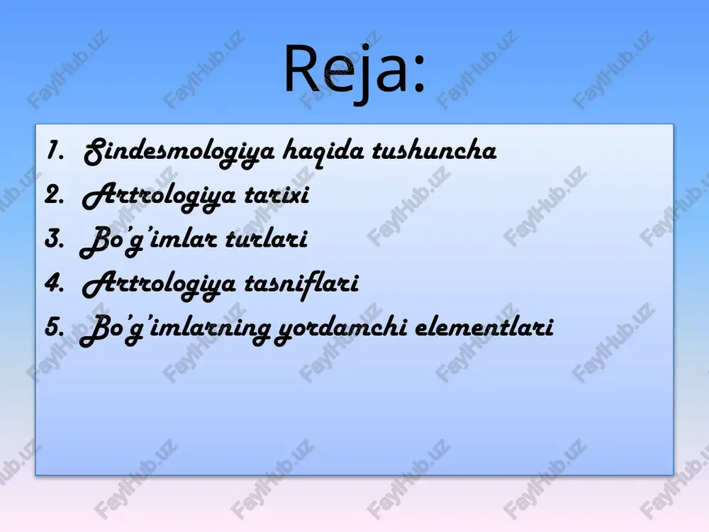 oniga qarab 3-xil bo’ladi bir o’qli ko’p o’qli ikki o’qli bir o’qli bo’g’im turlari silindrik – articulatio trochoidea g’altaksimon- articulatio ginglymus vintsimon – articulatio cochlearis ikki o’qli bo’g’im turlari ellipssimon – articulatio ellipsoidea egarsimon – articulatio sellaris do’ngli – articulatio spheroidea ko’p o’qli bo’g’im turlari sharsimon articulatio spheroidea kosasimon articulatio cotylica yassi articulatio plana tana suyaklari artrologiyasi umurtqalarning o’zaro birikishi umurtqa tanalari tog’ay moddasi - disci intervertebrales bilan qo’shiladi. tog’ay tashqi halqasi pishiq fibroz moddadan iborat, markazida hiqildoq o’zagi – nucleus pulposus joylashgan. qo’shni umurtqalarning bo’g’im o’simtalari orasidagi bo’g’im – articulationes intervertebrales hamkor bo’g’imlar guruhiga kiradi va ko’p bo’g’imlilar guruhiga kiradi. bo’g’im o’simtalari fibroz kapsula – capsula articularis bilan o’ralgan. umurtqalar orasidagi boylamlar ligamentum flava – umurtqa yoylari orasidagi sari boylam ligamentum intertransversarium-ko’ndalang o’simtalari orasida ligamentum interspinale - qirrali o’simtalari orasida ligamentum longitudinale anterius – oldingi bo’ylama boylam ligamentum longitudinalie posterius – kanal ichidagi va orqa bo’ylama boylam ligementum intertransversaria-ko’ndalang …