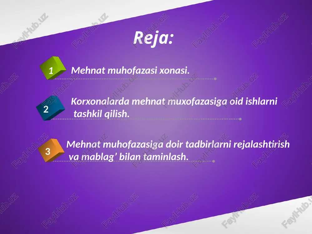 . kirish 2. ish joyida o’tkaziladigan yo’riqnoma. o’z navbatida ish joyida o’tkaziladigan yo’riqnoma 3 xil bo’ladi: 1. dastlabki, 2. davriy 3. navbatdan tashqari. sexlarda, bo’limlarda ishchilarni va ustalarni xavfsiz ish usullariga o’rgatish shu sex hamda bo’lim rahbarlariga, shuningdek, o’z vaqtida va sifatli o’qitishni nazorat qilish esa mehnat muhofazasi bo’limlari zimmasiga yuklatiladi. kirish yo’riqnomasi barcha ishga yangi kiruvchilar, boshqa korxonalardan xizmat safariga jo’natilganlar (ish malakasi va stajidan qat’iy nazar) amaliyot o’tayotganlar va shogirdlar kirish yo’riqnomasini o’tadilar. uni korxonaning mehnat muhofazasi bo’yicha mas’ul xodimi yoki shu vazifa yuklatilgan boshqa rahbar xodim o’tkazadi. agar ishga qabul qilish bevosita sexlarda amalga oshirilsa, kirish yo’riqnomasini shu sexning boshlig’i o’tkazishi kerak. shikastlanganlarga dastlabki yordam ko’rsatish, yong’in xavfsizligi va boshqa maxsus masalalar bo’yicha yo’riqnomalarni tegishli mutaxassislar olib boradilar. kirish yo’riqnomasi maxsus adabiyot, ko’rgazmali qurollar bilan jihozlangan mehnat muhofazasi xonasida, zamonaviy texnik vositalardan foydalangan holda o’tkaziladi. kirish yo’riqnomasi o’tkazilganligi haqida maxsus jurnalga va ishchi qo’liga topshiriladigan ishga kirish …