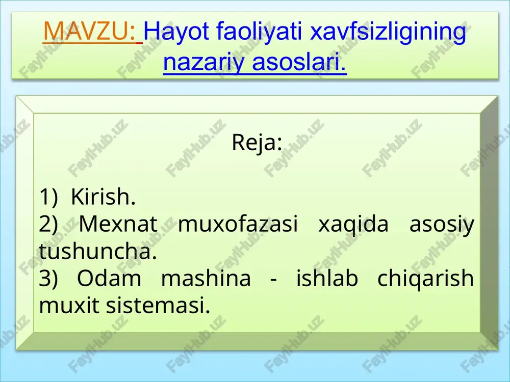 ni oldini oladigan tashkiliy chora tadbirlar va texnika vositalar sistemasi. yong’in xafsizligi obekta yong’in paydo bo’lish xafini oldini olish, shuningdek moddiy boyliklarni muxofaza qilish. yonish-yonuvchi moddalarning havo kislorodi yoki boshqa oksidlovchi modda bilan oksidlanishining tez kechadigan kimyoviy reaksiyasi bo’lib, bunda yorug’lik va issiqlik ajraladi ishlab chiqarish sanitariyasi ishlab chiqarishdagi zararli omillar tasirini oldini oladigan chora tadbirlar va texnika vositalar sistemasi ishlab chiqarish sanitariyasi-ishlab chiqarish korxonalari teritoryasining xolatini yaxshi saqlash, sanitariya obodanlashtirish,ishlab chiqarish binolarini va xonalarini sanitariya texnik qurilmalarini (vintilatsiya ,isitish sovutish)sanitariya maishiy xonalar qurillmalari , shaxsiy saqlanish vositalaridan foydalanish ,mexnat sharoitlarini yaxshilashga ,ishlab chiqarishdagi zaxarlanishlarni xamda kasbga oid zaxarlanishlarni oldini olish ,xizmatchilar sog’ligini muxofaza qilish ,va ishlab chiqarish estetikasi bilan bog’liq bo’lgan gigiena chora tadbirlarini ishlab chiqishni xal qilishda iborat. adigan omi ishlab chiqarishdagi xafli omil ishlab chiqarishda ishlovchilarga muy’an sharoitlarda tasir etganda shikastlanishiga yoki sog’liqning keskin yomonlashuviga tasir etadigan omil. bunga misol qilib, xarakatlanayotgan mashina, trator yoki yuk ko’tarish …